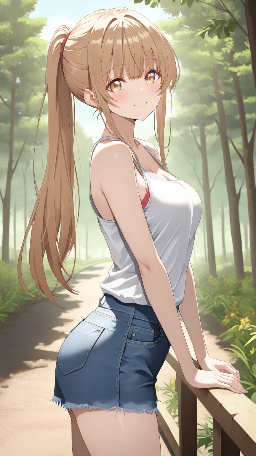 full body, full pose, 2d, masterpiece, best quality, anime, highly detailed, cowboy shot, 1girl, solo, monika, green eyes, very long hair, ponytail, ((black tank)), ((blue short jeans)), ((short black socks)), slim body, ((slim legs)), show thighs, ((underboob)) ((white ribbon)), ((squating)), spread legs, park and trees background, hands behind head, armpits, smile, blushing, serious face, sport shoes, looking at viever. viev from up.