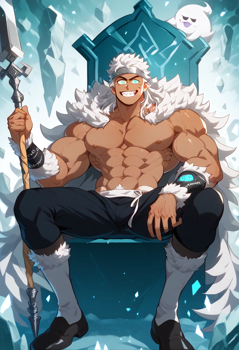 Hilichurl man, white mask, hairy muscular, Strong feet, ???????????, feet, short black underwear, big bulge, Mountain scenery, body tattoo, snow, snowing, near the entrance of a cave, dark night, stars in the sky, showing feet, hairy body, shirtless, sitting on top of the snow.