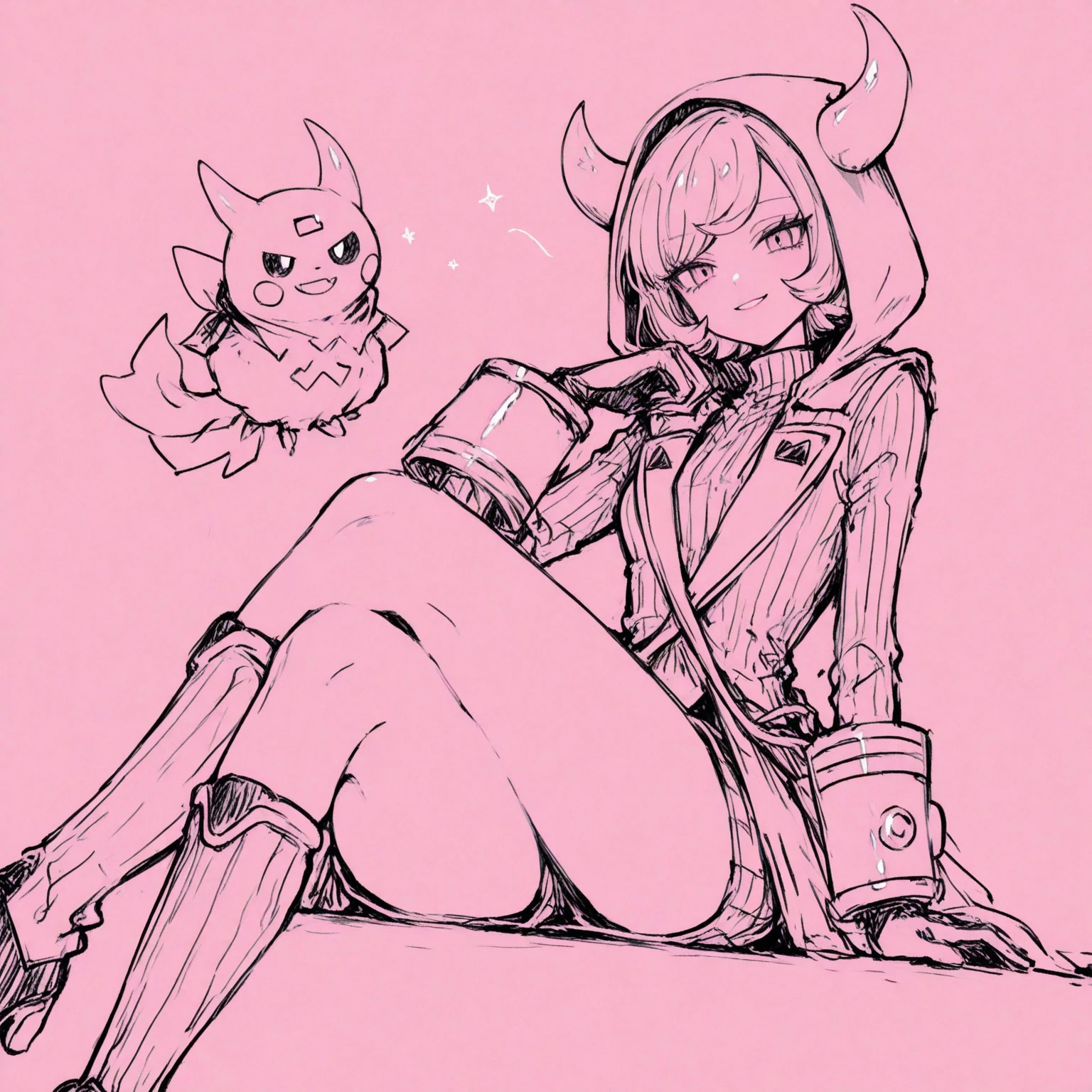 1girl, solo, breasts, looking at viewer, smile, short hair, simple background, thighhighs, white background, holding, sitting, underwear, panties, monochrome,horns, shorts, looking back, from behind, crop top, short shorts, wariza, phone, cellphone, denim, smartphone, thong, holding phone, denim shorts, selfie, curled horns,simple colored,((red hair)),black and white striped pantyhose, black horns ,Nature,kawaii