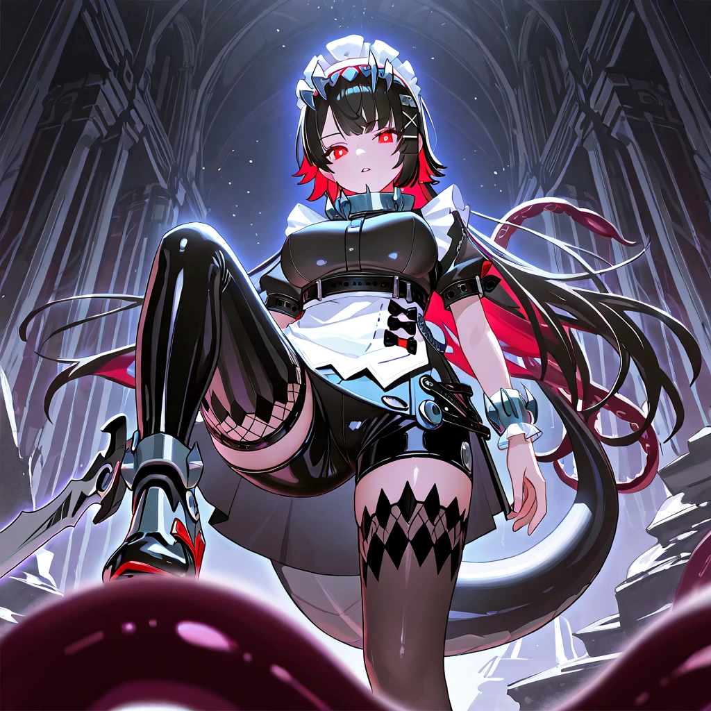 Girl in cyber style maid costume. She's a Dark Fantasy. she has short hair. Latex. Shining eyes. Tentacles extending from behind her. Mechanical tentacles like Giger. Knife at the tip of the tentacle. Curved knife. dark laboratory.