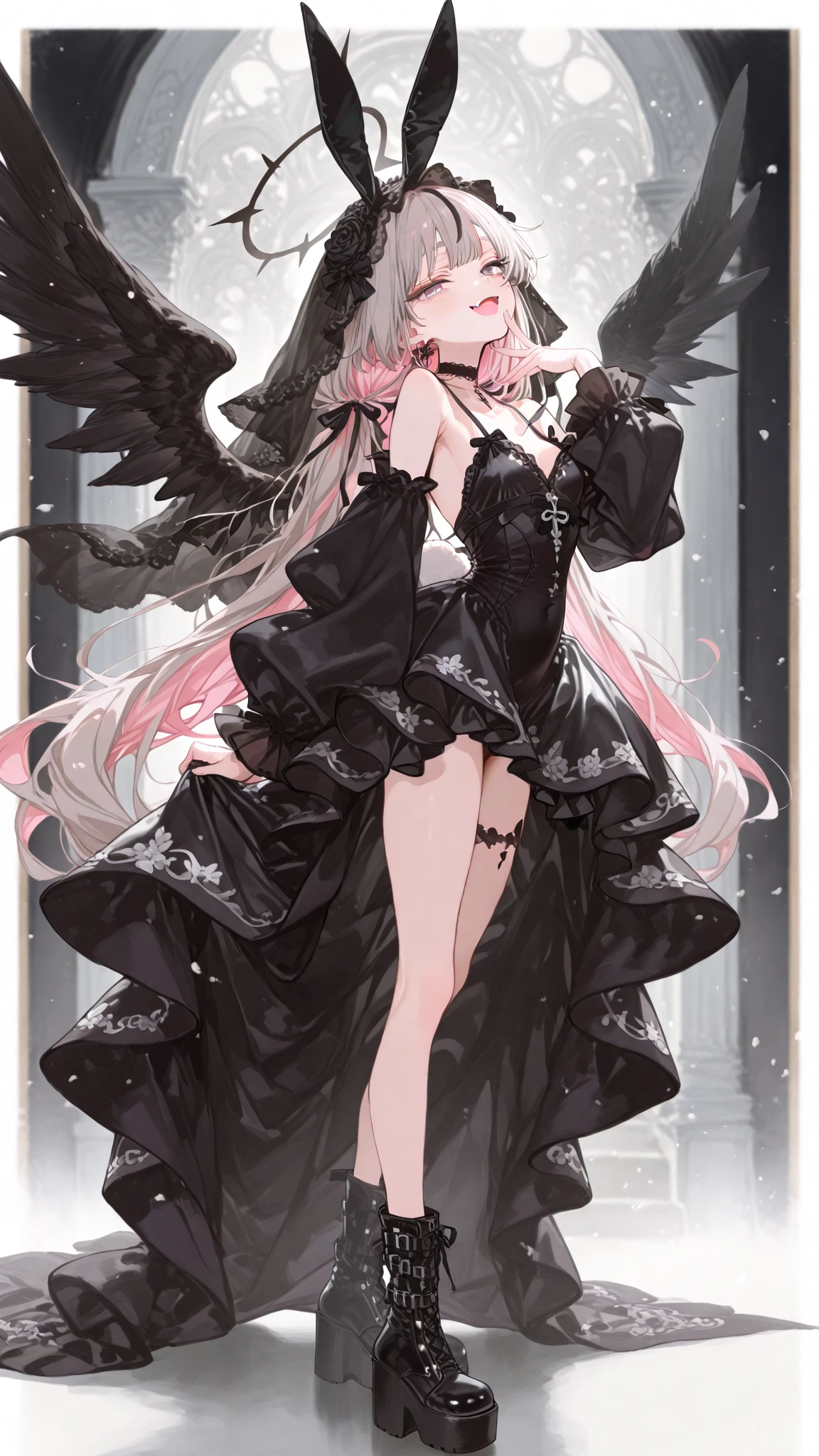 ((best quality)), ((masterpiece)), (detailed), 1girl, NSFW, long white grey hair, grey white eyes, very skinny, detailed, best quality, prominent collarbones, skinny arms, flat stomach, visible hip bones, small breasts, full body, red and white clothing, occult aesthetic, occult, detailed and intricate steampunk and detailed gothic, NSFW, Fluttering lace flared long knee length dress with frilly petticoats, knee length dress, pleated petticoats, petticoats gothic, complex lace boots, gothic aesthetic, wielding a mighty sword with mechanical components, mandalas, small breasts, a fairy, various different types of insect wings, bug wings, beetle wings, NSFW, full body, whole body, body, chains,