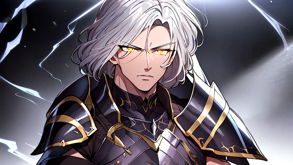 masterpiece, best quality, ultra high res, dark theme, 1boy, (dungeonpunk armor), (mechanical steampunk armor), (wearing armor)fantasy illustration, dark skinned, human, upper body, portrait, red eyes, long white hair, half-drow, pointy ears, serious face, young man, dramatic lighting, purple hue, art by Kinema Citrus
