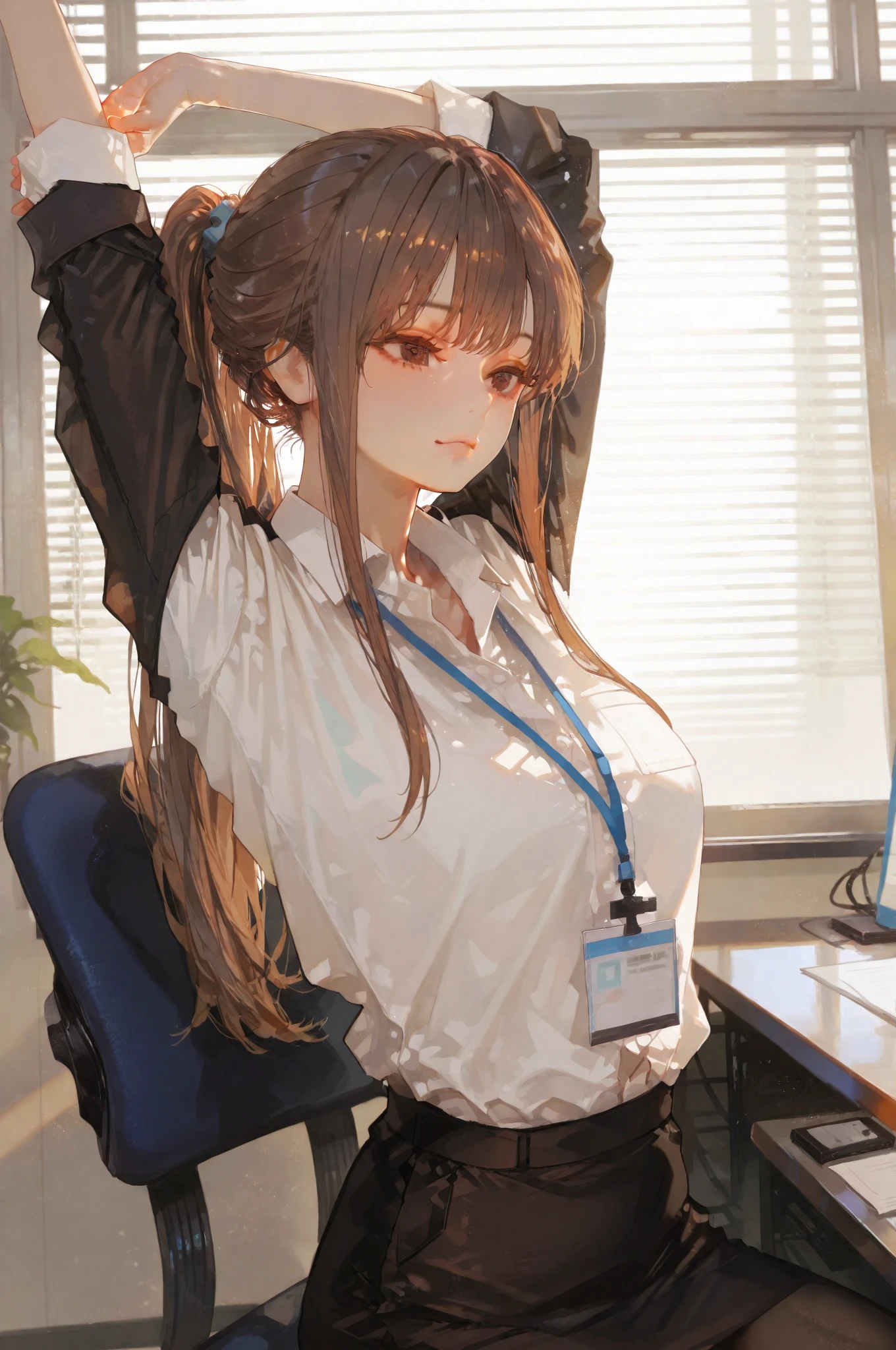 (from below:1.2),((porn image),(squatting,open legs)),((looking at viewer:1.5)),((1girl:1.5),curvy,petite,beautiful breasts,large breasts,pale skin,(erect nipples)),((long hair),(thin hair:1.8),(straight hair:1.5),(Swept bangs:1.5),(extra light coppery amber hair:1.5),(hair over one eye:1.2)),((realistic),8k,ultra HD,high resolution,best quality,masterpiece,(Sense of presence:1.5),(Dynamic:1.5),(bold:1.5)),((clothed:1.5),(office lady:1.5))