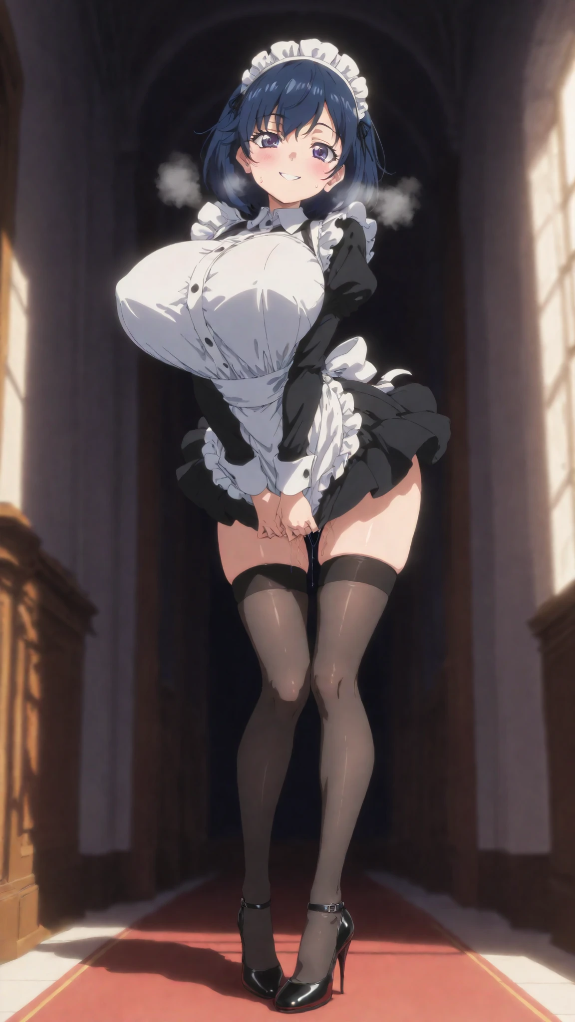Iroha、super breasts、thick thighs、long black hair、8K, 4k, highest quality, High resolution: 1.2)、cute anime face、noise removal、maid、和風maid、black leotard、full body portrait、Leotard that bites into、Er Dao Liu、sandals、blue eyes、Black long tights、gentle smile、white kimono、T-back that digs into your butt、emphasis on the buttocks