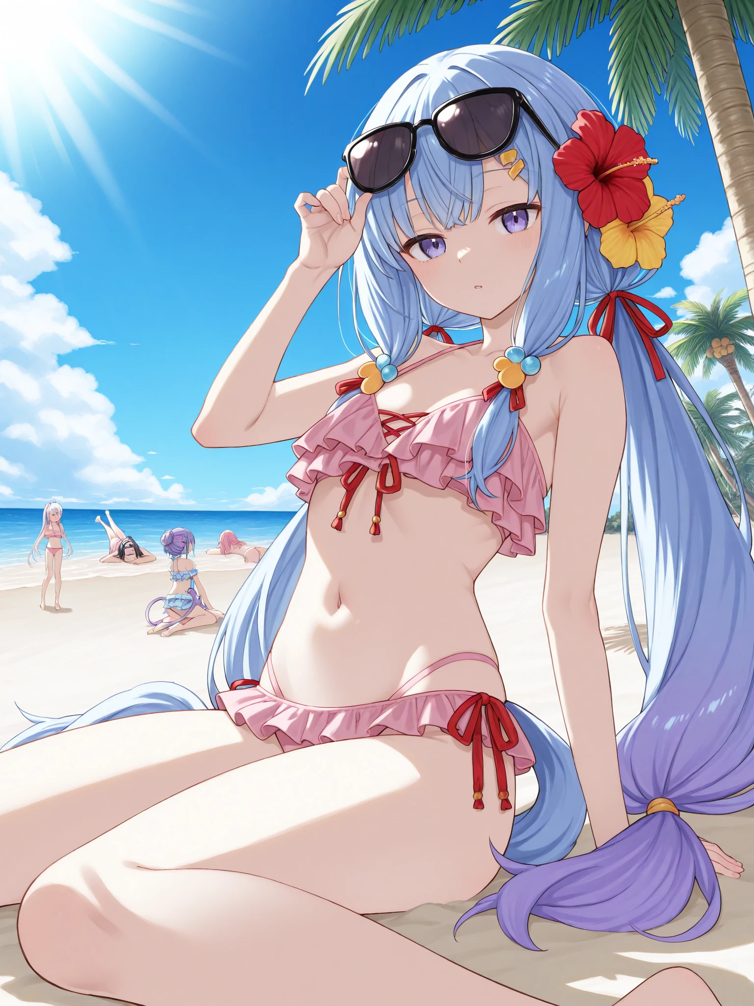 (1girl, Japanese Anime WAIFU style Cute girl), full-length, Wearing a metalic-blue micro-bikini that bit into her crotch, protruding nipples, digging into her crotch,(sitting on the beach, spread legs wide:1.5), masterpiece, top quality, 8K, frombelow, full-length, landscape