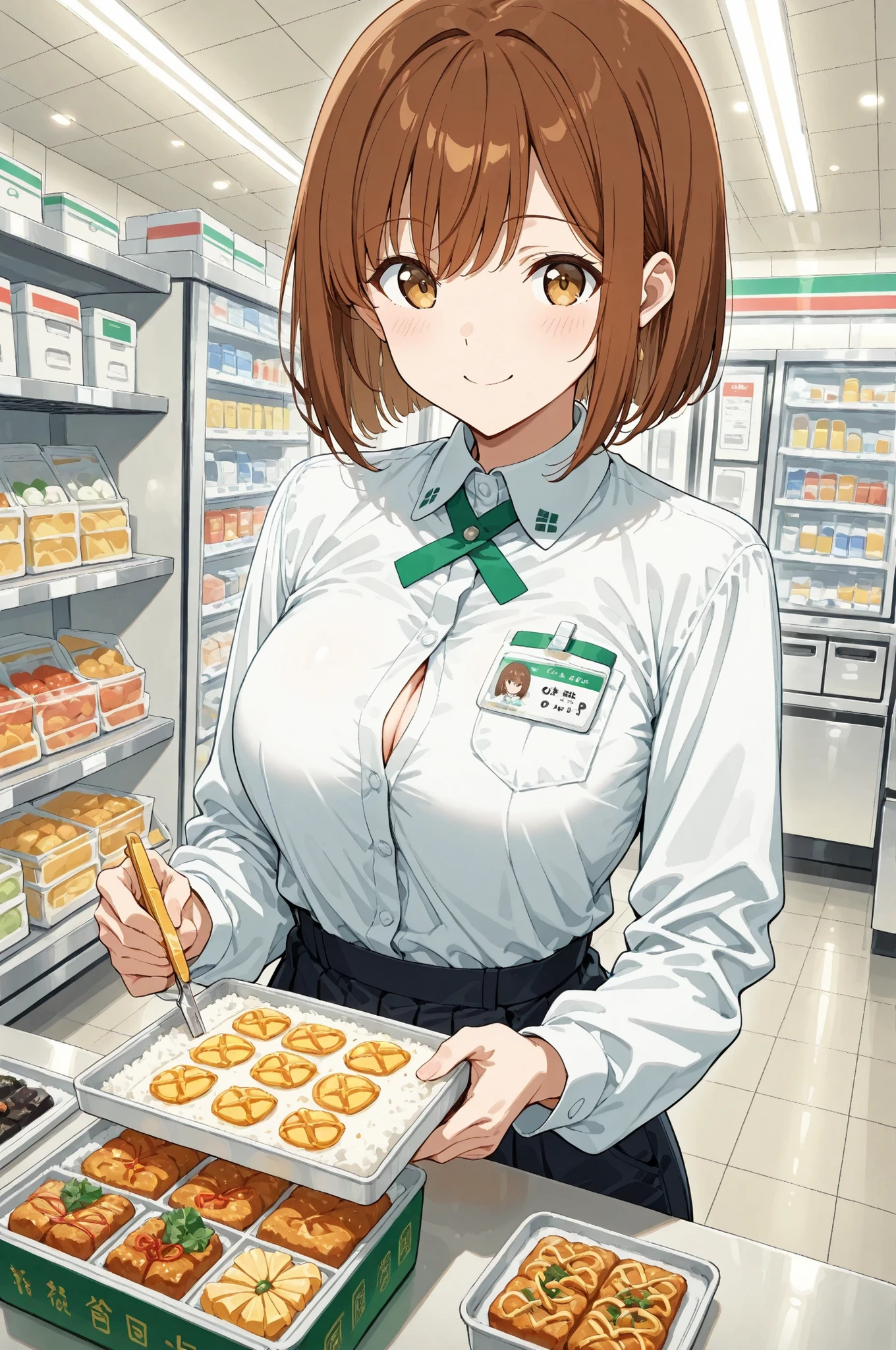convenience_store_bento_wrapper_triangle_fold_specialist_scene:
base: masterpiece, anime artwork, score_9_up, 1girl, 20yo Japanese woman, from an angle, upper body shot, detailed flat anime style
BREAK
hair: (chestnut brown hair:1.3), bob cut with paper-crisp texture styling, origami-influenced precision grooming for detail-oriented packaging work
eyes: origami-gold eyes with paper-fold kaleidoscope patterns, geometric precision recognizing optimal packaging fold angles and symmetry
expression: gentle satisfied smile with packaging perfectionism fulfillment, genuine pride from achieving flawless food presentation standards
BREAK
outfit: convenience store uniform with food packaging certification badges, wrapping-specialist shirt with retailer logos revealing cleavage, shorts with paper-handling equipment, black food-safe stockings suitable for commercial kitchen environments
BREAK
accessories: precision paper-folding rulers measuring exact triangular angles, specialized creasing tools creating perfect packaging edges, food packaging quality control documentation equipment
BREAK
background: bustling convenience store kitchen with hundreds of pre-packaged meals requiring individual wrapping attention, industrial food packaging stations with temperature-controlled environments, automated food preparation lines where human precision enhances mechanical efficiency, refrigerated storage areas maintaining optimal food temperature during packaging process, quality control checkpoints ensuring packaging standards meet corporate specifications, customer service areas where perfectly wrapped meals create positive brand impressions, inventory management systems tracking packaging material usage and efficiency metrics, food safety protocols requiring precise packaging techniques to maintain product integrity, staff training areas teaching advanced packaging folding techniques to new employees
BREAK
lighting: commercial kitchen fluorescent lighting optim