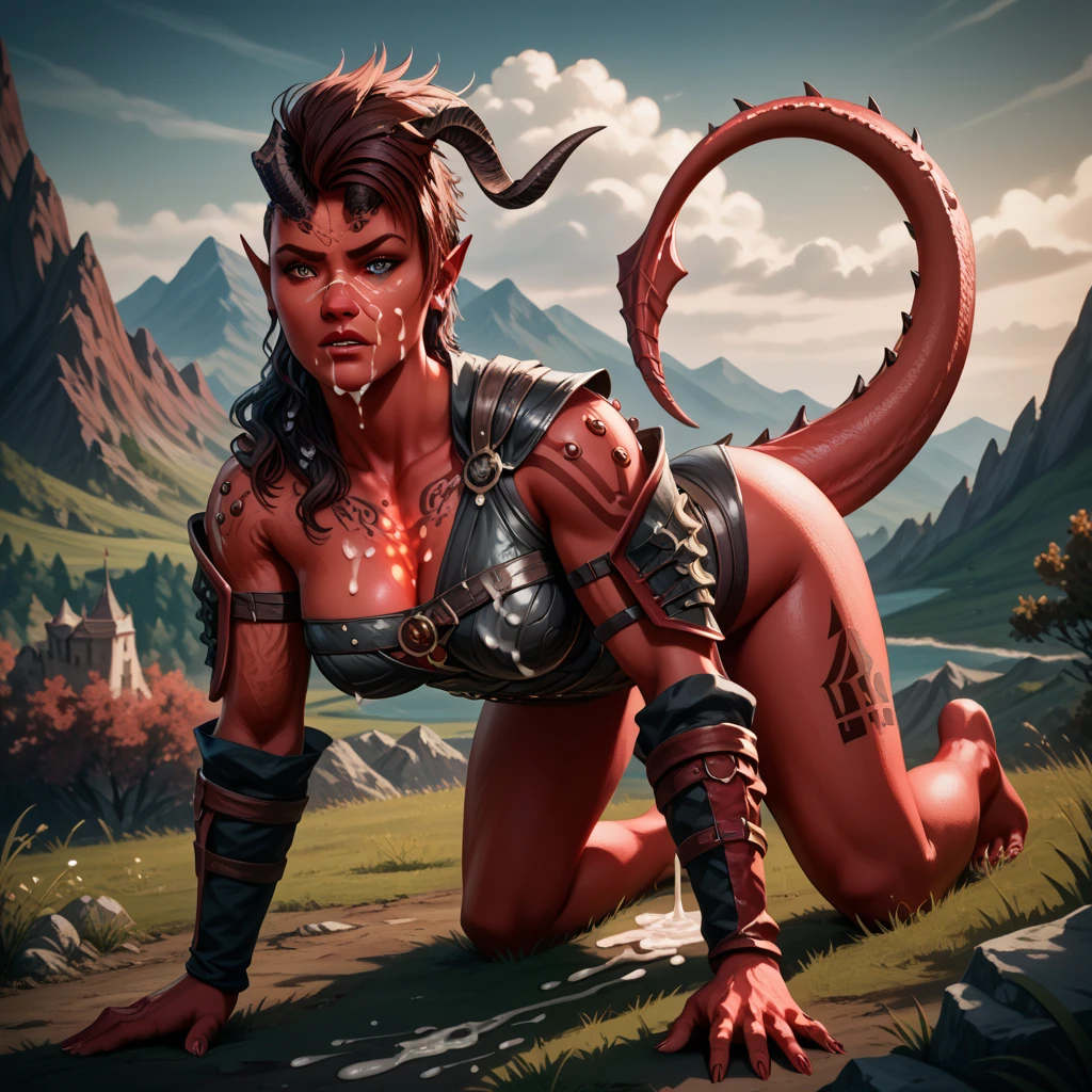 (((by fluff-kevlar, by Zackary911, by Kenket, by Kilinah))), a running ((Kobold antrum, extremely detailed, extremely detailed legs, extremely detailed arms, extremely detailed face, perfectly detailed eyes, perfectly detailed anatomy)), (detailed Kobold)) wearing a long cloak, muscular abs, Kobold black horns, Kobold tail, messy white hair, (orange thigh highs), ((black micro-thong:fire_pattern_design_thong)), shirtless, front view, looking at the observer with an embarrassed smile, blush, perspective, finely detailed paws, punk style, adventure backpack, perfect drawn eyes