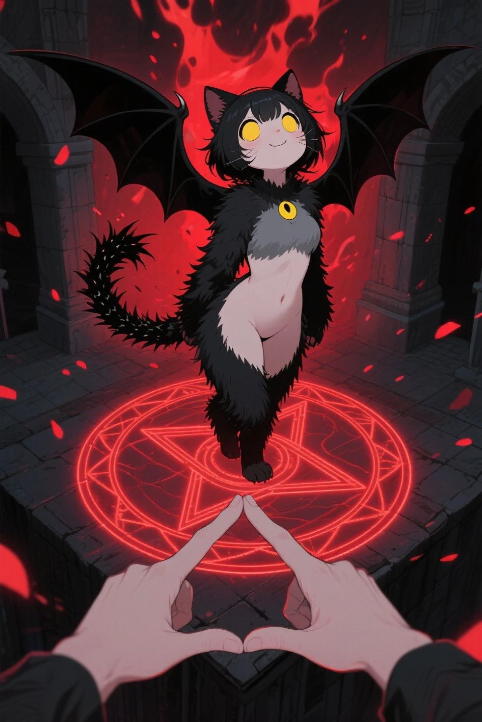 masterpiece, best quality, expressive eyes, perfect face, a white cat toddler get transformed into a cuntboy, solo, surpriced, blushed, black hair, long hair, red baseball cap, brown eyes, full body, bare foot, naked, in a forest, pussy, magic circle on the floor, glitter, small breast