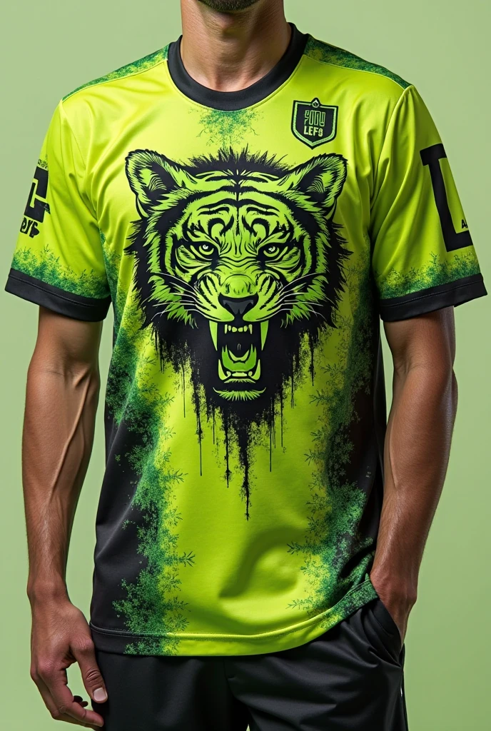 Complete athletic uniform in moss green and white colors, jaguar painted all orange blending in with the shirt with its mouth open on the lower left side of the shirt 