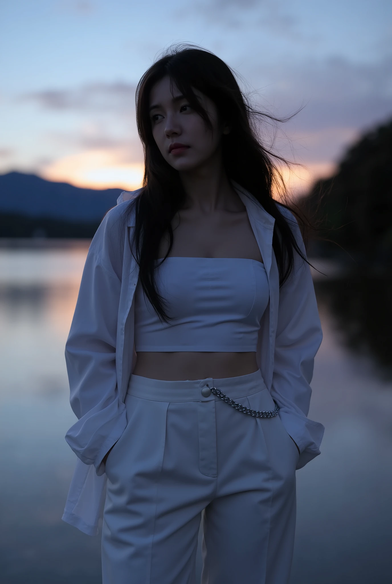 A young woman stands by a tranquil lake at sunset, her head tilted back with her chin held high, her hair gently blowing in the breeze. (((She has a slender, slightly athletic build, wearing all white: a tight white crop top that reveals her toned midriff, an oversized white shirt that falls loosely around her shoulders with the sleeves rolled up, and high-waisted white trousers with subtle pleats and a thin silver chain hanging from her belt))). Her hands are tucked into her pockets. (Her face is partially in shadow, her expression calm and introspective). The lighting is natural and wistful, taking advantage of the backlight from the setting sun. The sky is a gradation of deep blue, soft purple, and warm orange near the sun, which is half hidden behind distant mountains. The water reflects the cool hues of dusk. (The overall mood is melancholy, cinematic, and evocative). A trendy, minimalist style, without jewelry. Her hair is long, straight, and dark, flowing freely. ((Taken in portrait orientation, the entire body is visible, soft contrast, high detail, and photorealistic)).