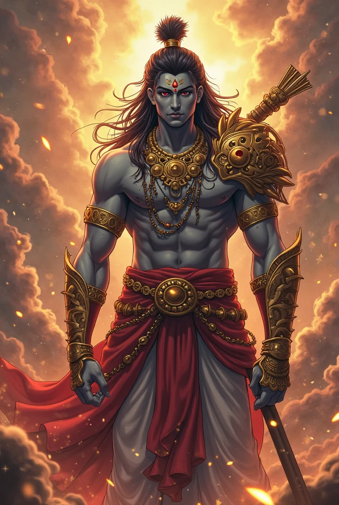 (best quality,4k,8k,highres,masterpiece:1.2),ultra-detailed, 1man, Indian god Shiva, Black Hair, dark brown skin, peaceful, calming, wise eyes, posed majestically, drawn in the style of Yoshitaka Amano, HDR, 8k, absurdres, cinestill 800, sharp focus