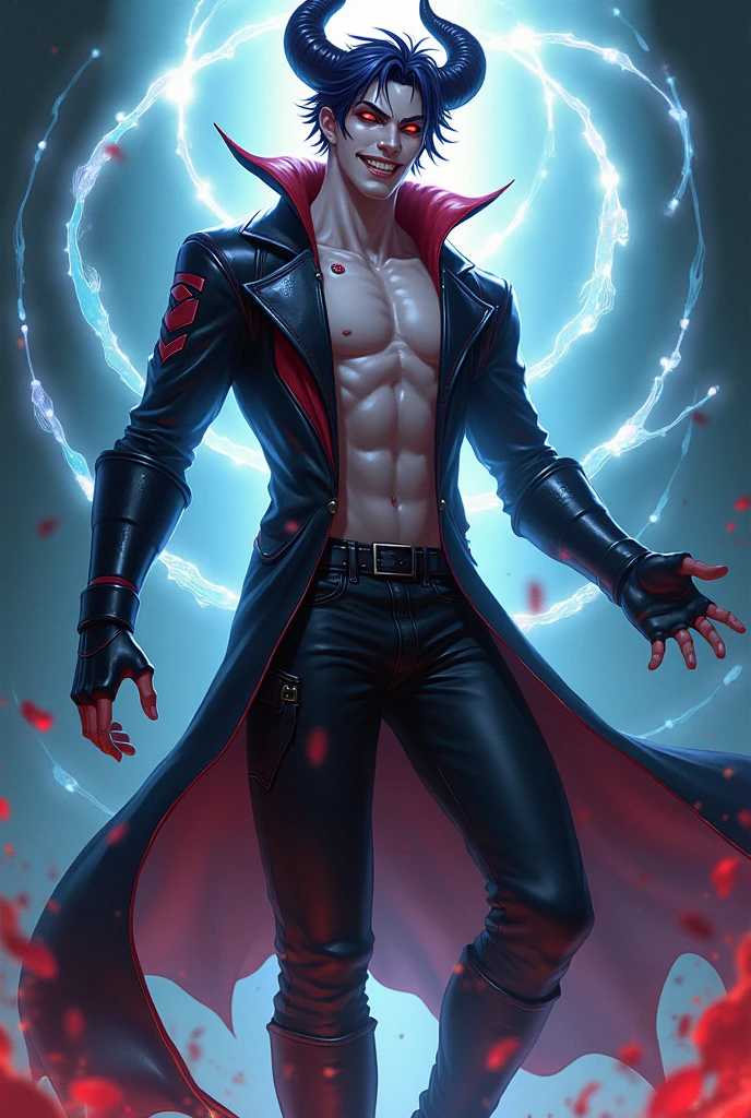 Male age 25, white skin, blue eyes, deep eyes, waist length hair, waning crecent moon violet on the forehead, scarlet red furry trench matrix gabardine open, black cargo pants, only left arm on violet flames, japanese style, chains around the belt, athletic, magic powers, action, sexy look, leather brown boots with metal pins, black cat nails, jojo's pose, night background, uncovered head