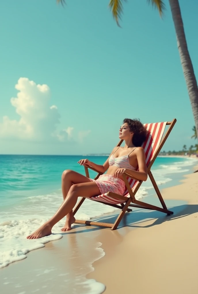 A thin, grilled roast chicken (brathähnel - Broiler) with brunette hair lies in the sun on a dune with a parasol and wears a bikini. No woman in the picture!