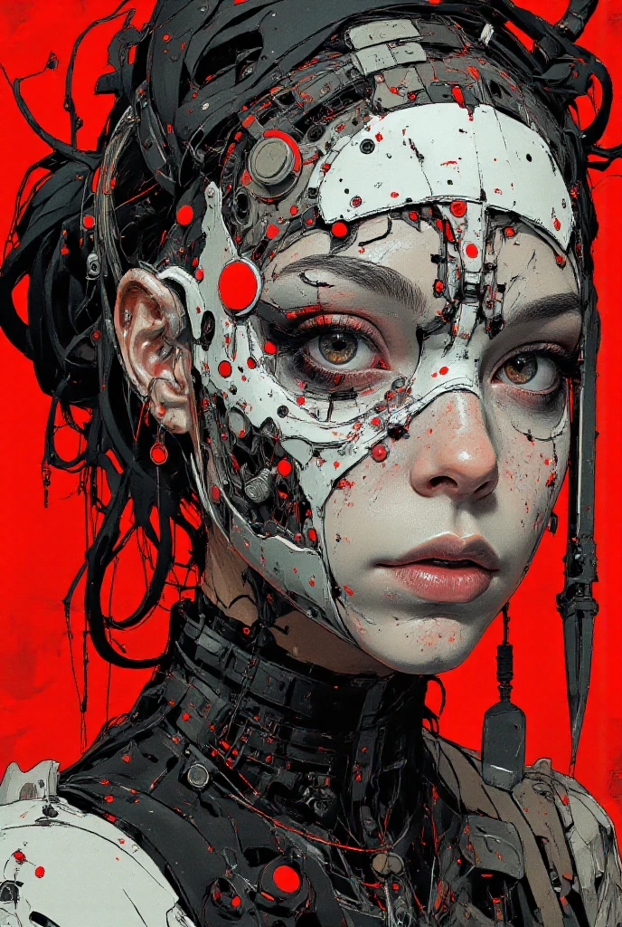 Hyperrealistic, dark matter,full-length,ink drawing in cyberpunk style,vintage retouching,double exposure surrealism,cyber fractal photo illusion, beautiful robot girl among cyber garbage,rust in details,aging effect,furious gaze, fear, hatred,patterned scarring of the face,red tears from the eyes,aesthetics of the female body,live play of light and shadow,modeling of background objects in the style of postpunk,horror, 30mm lens, 4k, ISO 100