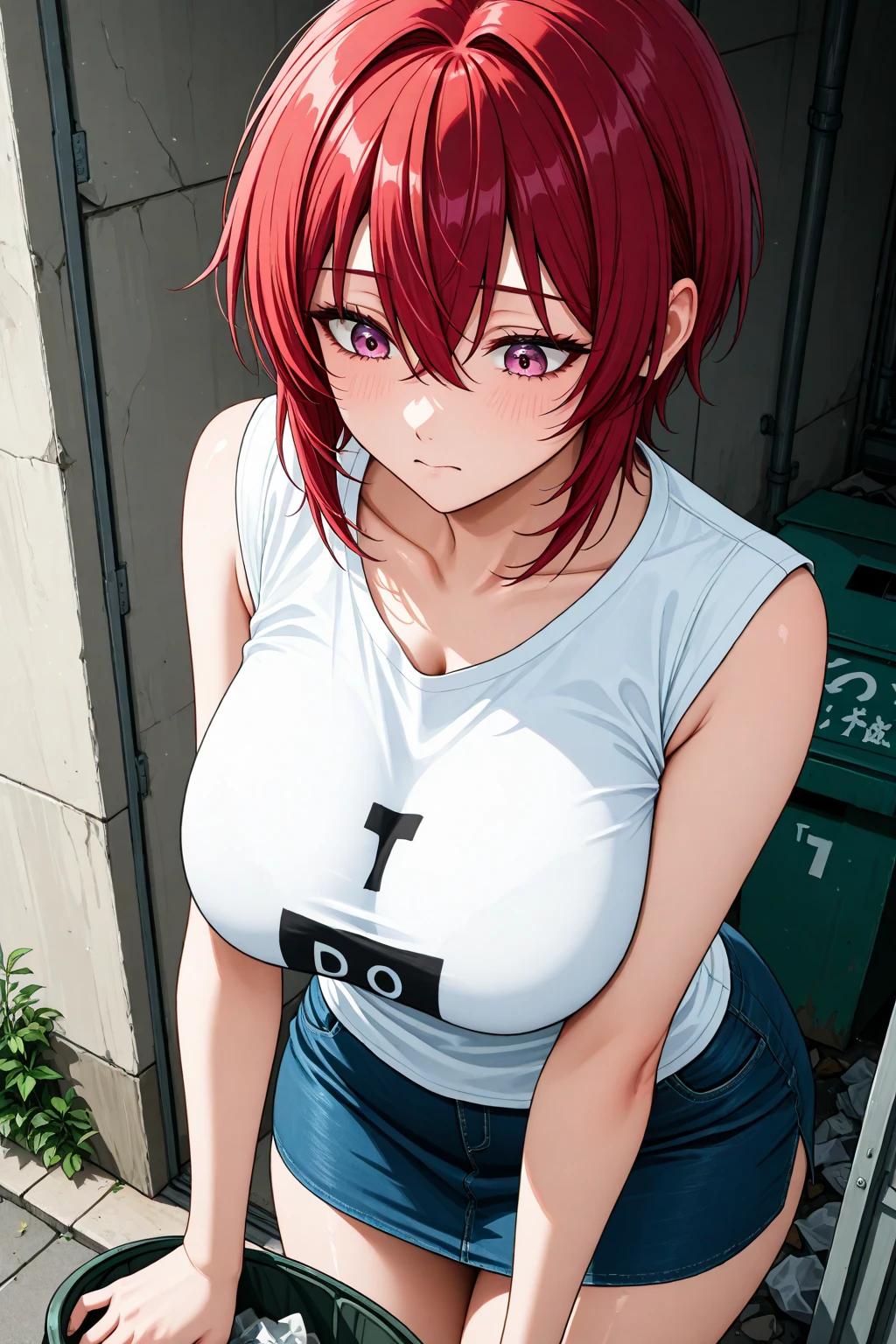 (((1 girl naked))),((The Old Wanderer's Clothes)) , (((8K,2 thousand.))),(tmasterpiece))), (((beste-Qualit))), (Ultra-detailed) ((highly detailed CG illustration)), ((Extraordinarily gentle and beautiful face)),,a 1girl,( ConceptArt) , , (tmasterpiece:1.2), (beste-Qualit:1.3), (One backstory, whitebackground: 1.3),(((CHARACTERS OF THE POST-APOCALYPTIC WORLD OF THE WASTELAND))), ((( Post-apocalyptic wasteland))), ((( Extremely embarrassed face))),, ((((Very red embarrassed face) ))), (((hides large breasts))), ((((hid around the corner)))) , (((hide-and-seek))), ((grimalkin)),((((leaning )))), ((((The eyes are drawn in the style of manga)))),(( The viewer between the legs )) , ( big breastes), ( red hair and eyes in the style of manga) , ((Chest shakes when running)), ((((The most agitated face with fear)))), (Random Pose) , (Random position of the hands), (((The brightest blush on the cheeks))) , sad eyebrows, (((covers the groin with his hand))), ((((exposure of half of the chest)))), ((Additional effects, Interaction),Pull the other, raised by another, (pulling clothes), Exposure of the butt, Groin exposure, Exposure ) ), (((does not look at the viewer))), ((Looks to the side)), ((frightened look))
