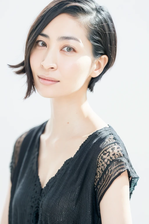 japanes, Single eyelid, Slender eyes, Ephemeral atmosphere, 30 year old petite girl, Black Hair Bob Hair, ((thin lipss)), Light blue underwear, masutepiece, Best Quality, Detailed skin, Detailed eyes, ,8K, Good anatomy, Full body portrait