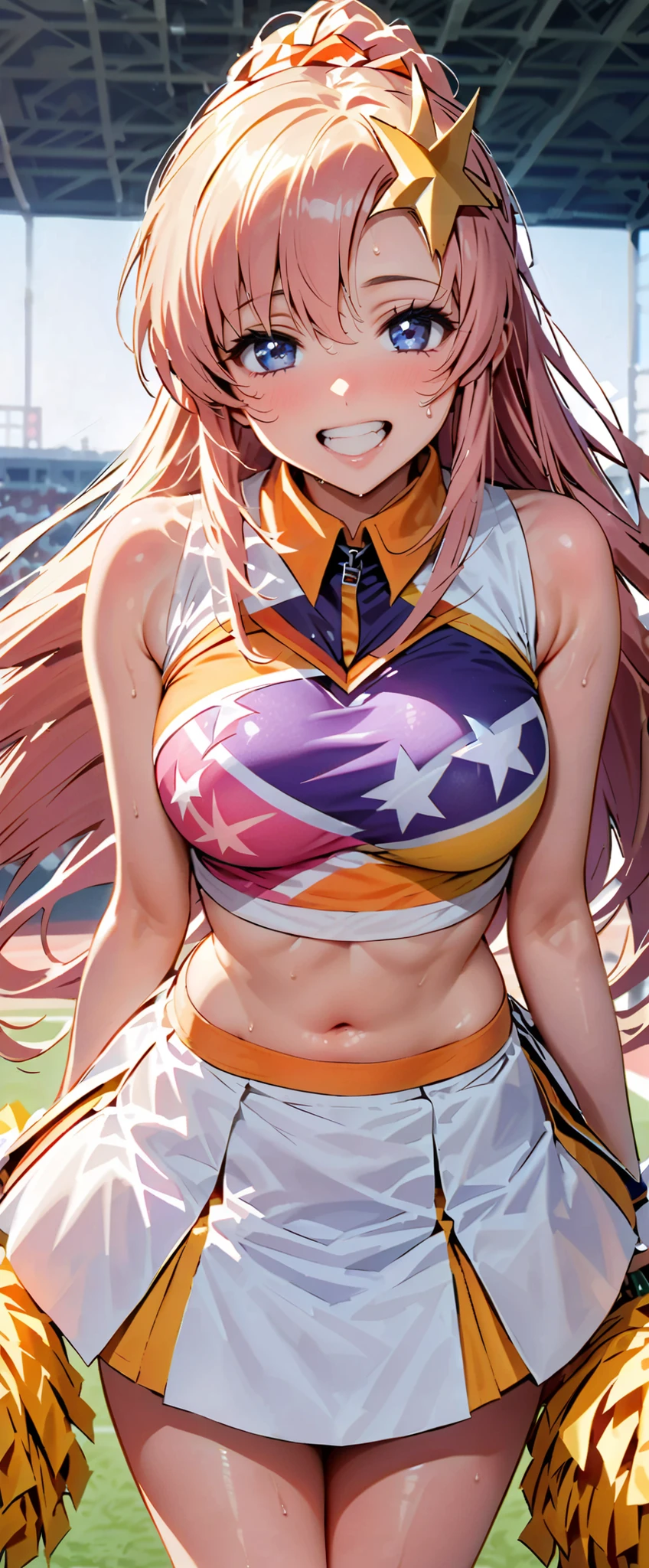 (masterpiece,top quality,Ultra High Resolution),1 Japanese woman, (((Very Beautiful Old Lady ))), cute girl、WATCH THE PHOTOGRAPHER、 (()), very cute face, Shiny Lips, double eyelids on both eyes ,natural smile、 natural makeup, long eyelashes, shiny hair、, Perfect hands and feet, perfect anatomy,((( Sparkling Cheering Uniform ,Cheerleader,Cheerleader,Tube Top))))Stadium, Meer Campbell,the appeal of a sweaty,(((Tube Top)))((((please open your mouth,teeth))))