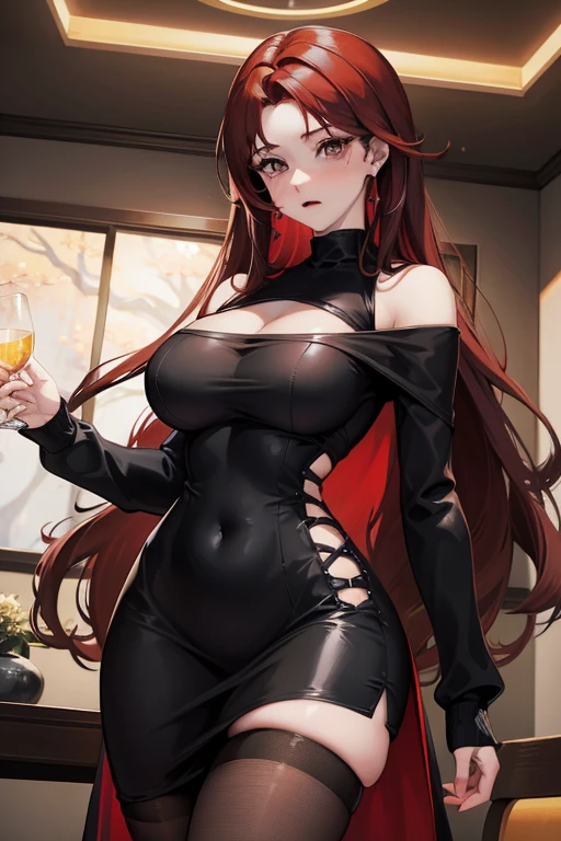 Adult woman, Long red hair, Brown eyes, eyeglasses, red lipstick, large breasts, Black Dense Overall Shape, evil, smirk, fetters, open breasts, Masterpiece, hiquality, 4k, HD, Good detail