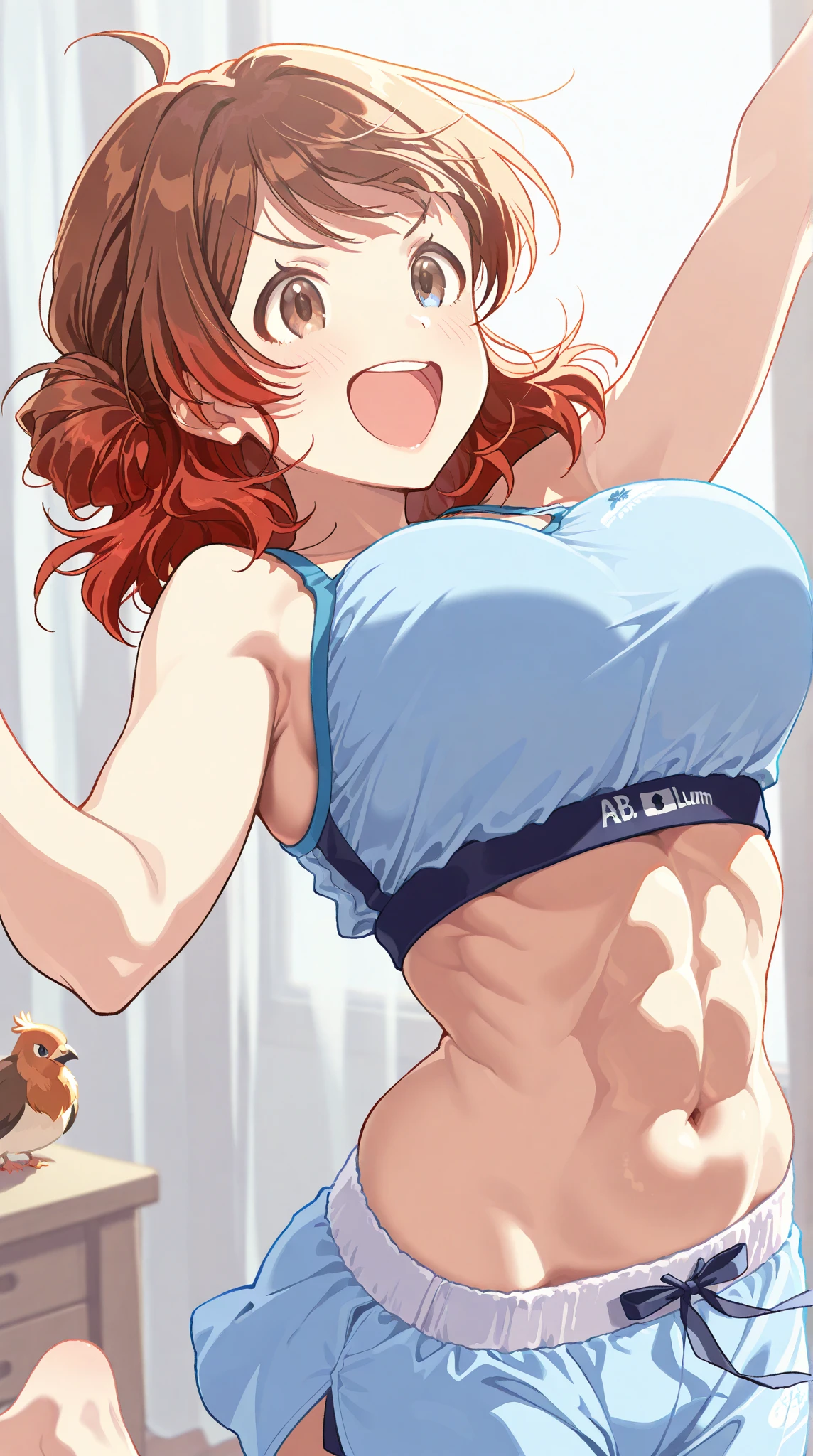 girl,Giant,Giant娘,Huge pussy,girlは座っている,My head is on the ceiling,Cramped room,Brown Hair,short hair,Mischievous Smile,Big Breasts,Big Breasts,Swimwear,bikini,There is a narrowing,He has abs too.,Thighs,太いThighs,