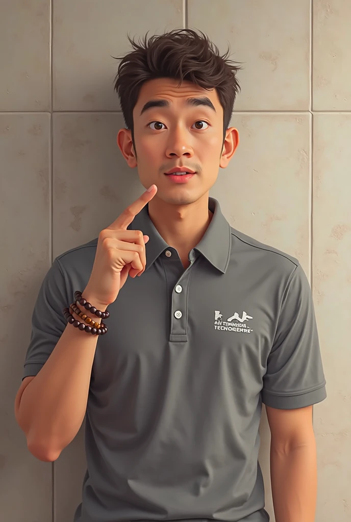young asian man in a black polo shirt standing by the window with a smiling face, looking into the distance Turn your head slightly.，(library:1.5)
