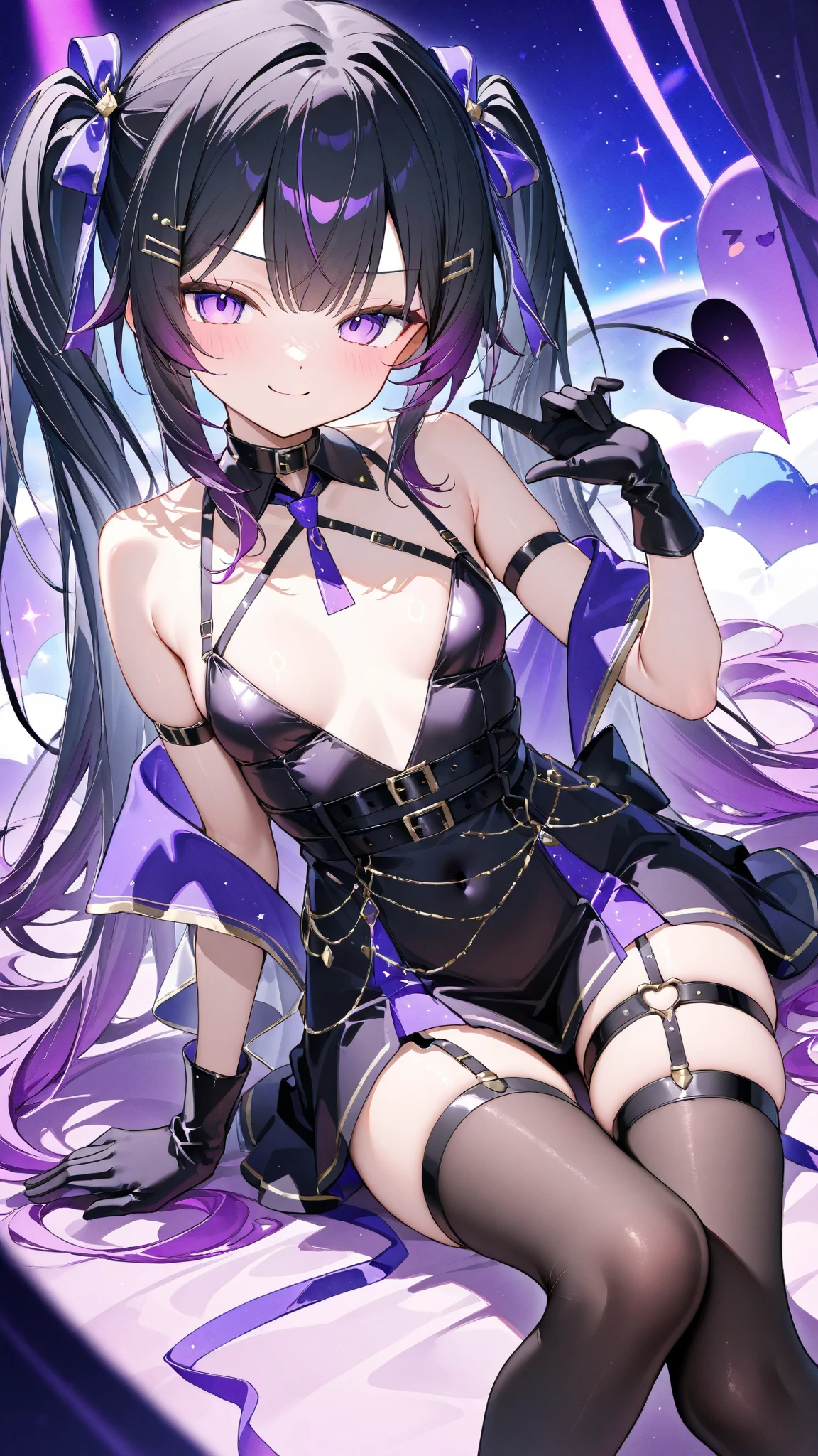 Draw a face carefully　High quality anime style faces　Shiny skin、Fallen into evil、　Small Ass、Black and purple leotard with red trim　Fishnet tights　Succubus　Lure　(((Wicked Smile)))　Photo from behind、turn around、Twin tails、Yellow Eyes、City of night