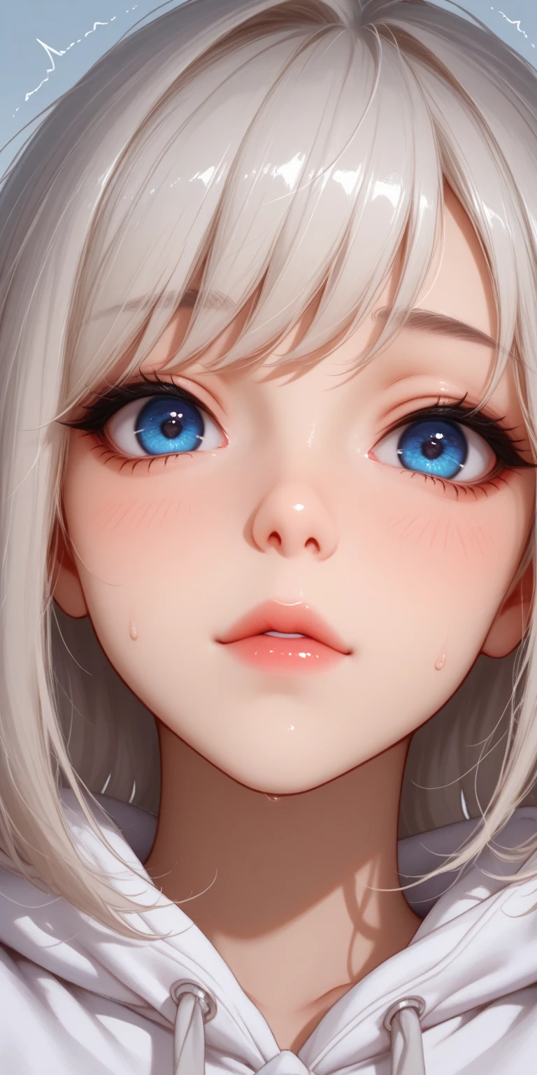 best quality, masterpiece,white hair, blue eyes, upper body,.  Open one's mouth,,Exquisite mouth,Ejaculate in the mouth,Delicate s,mouth,Very detailed face,blush,close-up,Normal tongue,Don't stick out your tongue,Pink lips,Delicate lips