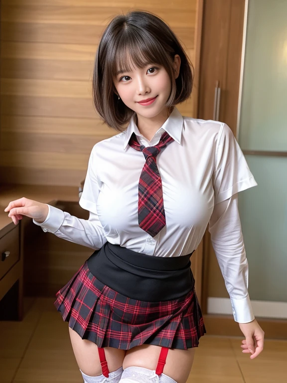 .................,, In front of the school、Connected to the skirt with suspenders.、White shirt with long sleeves、plaid skirt、, , Sakimi-chan,, nice and cute, innocent smile, , A cute smile, Sakimi-chan HDRI、 big 、(Beauty Big 1:2) 、 with short bob hair、Posing cutely , 8 years old , big breasts , red knot , red bow , The waistband of the skirt is at a point just above the bust.