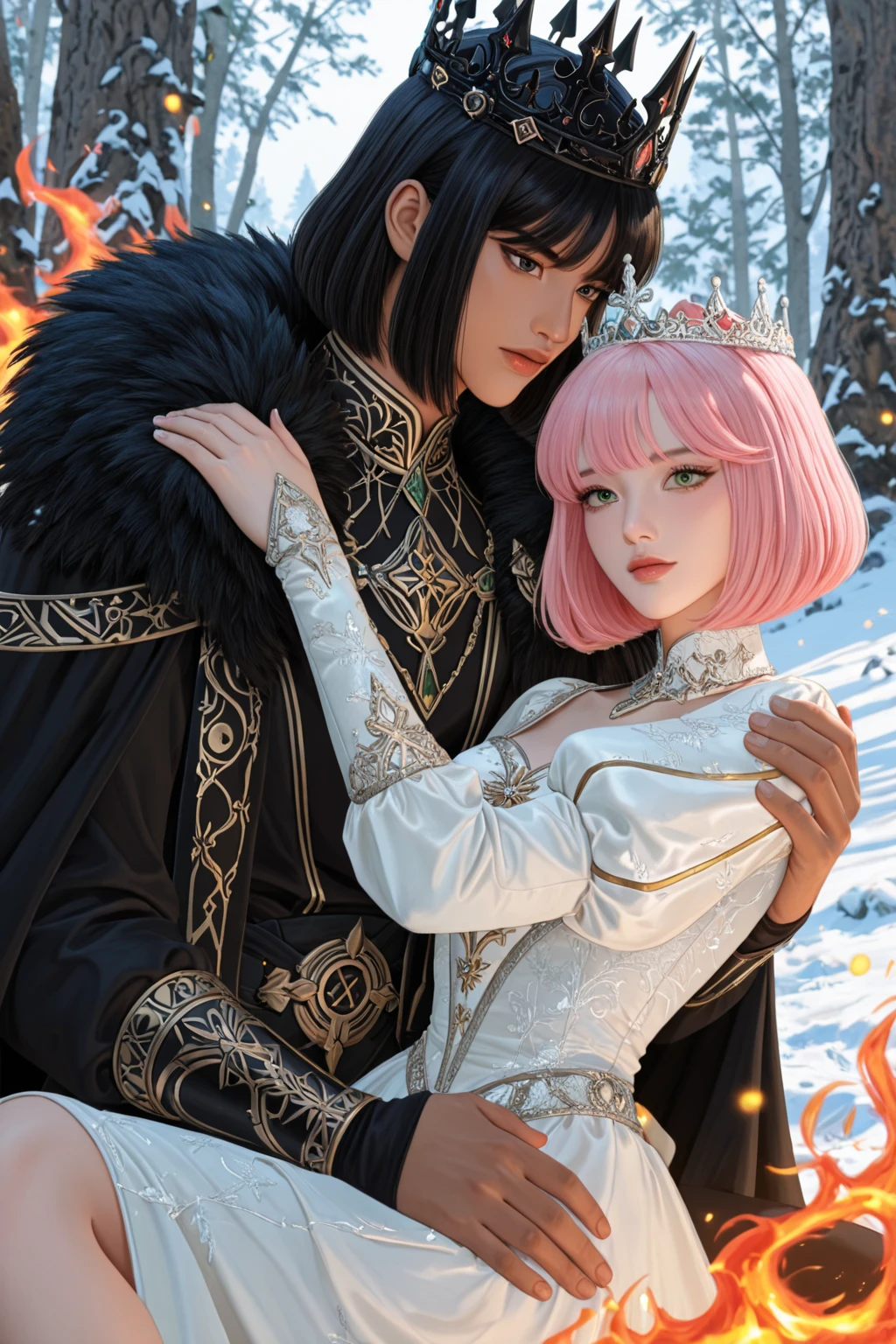 (absurderes, hight resolution, ultra-detailliert), 1 male, , Handsome, tall muscular man, broad shoulders, finely detailed eyes, ((Golden hair)), Fantasy, Complex pattern, Detailed face, a throne, magical effect, best ratio four finger and one thumb, , intense cold, Cold snap, ,、((1female:Pink hair、Long、short、Best style、F-cup、see-through sexy dress、Beautuful Women))、