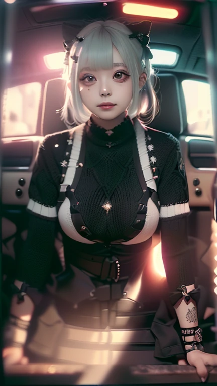 1girl, wlop, (blindfold), breasts, cleavage, cleavage cutout, dress cutout, green background, hair between eyes, headband, high resolution, juliet sleeves, long sleeves, nier (series), nier automata, fluffy sleeves, red lips, shadow face, short hair, solo, turtleneck sweater, upper body, l blue hair, sky, white fox ears, white fox tail, nine-tailed fox,