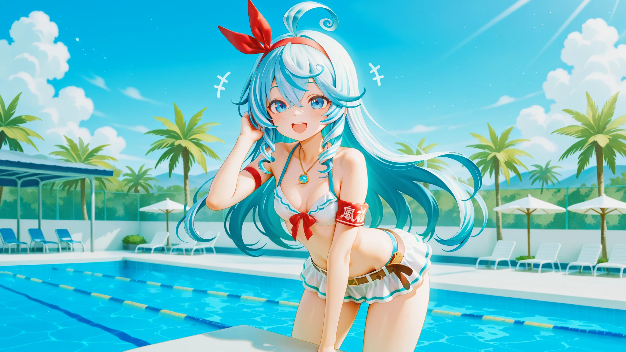 She was wearing a bikini and a straw hat、Smiling Hatsune Miku。Playing in the river。4K