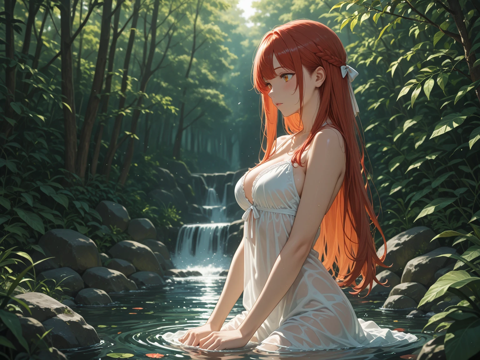 An exquisite slender tender girl of 16 years old with a perfect tender face with red hair with freckles in the rays of the rising sun, naked with tender breasts with pink nipples, barefoot on the veranda in the garden drinks (coffee) and looks at the flowers, in watercolor style, discreet light shades, Flares, imitation of film photography, against the sun, a lot of sun glare, light fills the frame, (olive and grape shades)