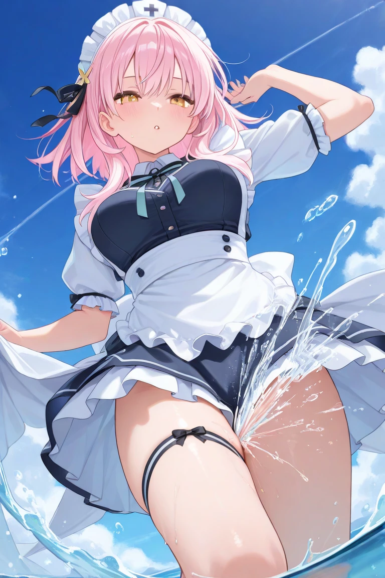 1girl, Alone, nakano nino, pink hair, butterfly hair ornament, short hair, (White apron), big breasts, neckline, Thighs, Coffee Fund, (blush: 1.3)