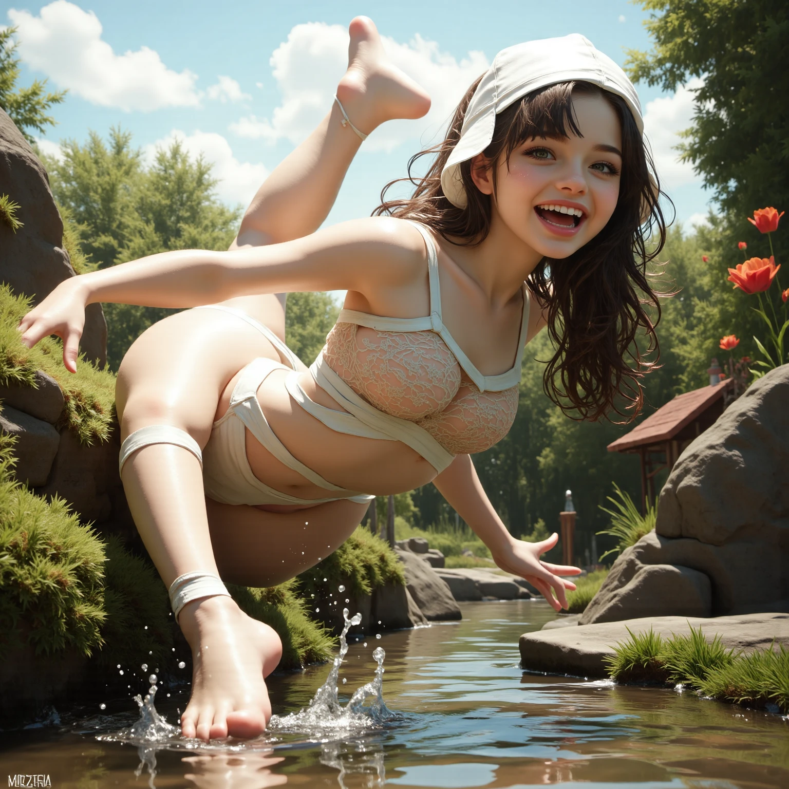 ((top-quality、in 8K、masterpiece:1.3、Raw photo))、Super high quality photos, ((In the dense forest)), Japan Top Idol Women With Perfect Beauty, Perfect beauty, ((slim figure))、((der riese))、((Wear a white see-through shirt)), ((not wearing bra)), (( are protruding)), tropical jungle、 (Photorealistic: 1.4), (Ultra-high detail), (hyper realisitic: 1.4), (Realistic: 1.3), (Smooth lighting: 1.05), 1girl in, Solo, (Japanese actressl), 20yr old, Full body, ((camel's toe)), ((der riese)), Size difference, cinematlic lighting, ((slim thigh)), ((Perfect beauty)), ((The most beautiful face)), ((Transcendent beauty)),tropical jungle、((with spreading legs)), ((open open mouth)),((In the dense forest)), ((slim figure)), ((Some small tents at the campsite)), ((Small people々is running away)),