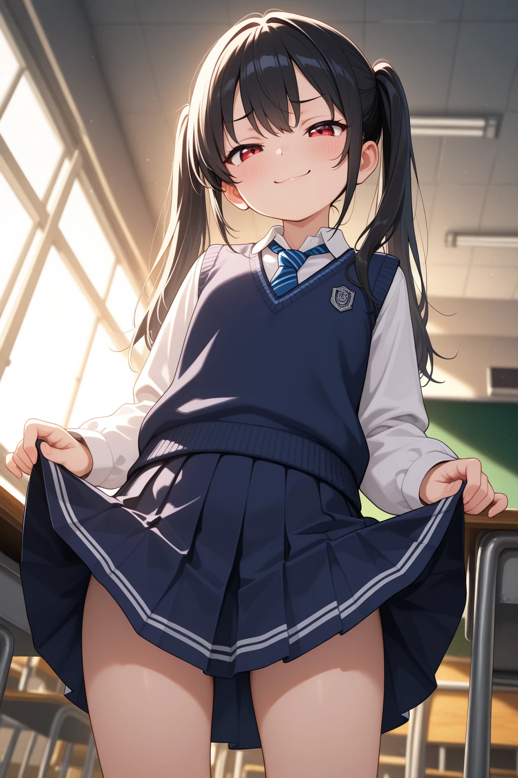 best quality,1girl,((little girl,breasts,loli:1.3)),curvy,((orgasm,blush:1.3)),angry,sweat,Tachibana Arisu,black hair, long hair,hair ribbon, ((white tank top,blue skirt,mini skirt,lift skirt,upskirt,kneehighs,vagina:1.1)),((vagina,excessive cum,cumdrip:1.3)),thighhighs,classroom,walking,pubic hair