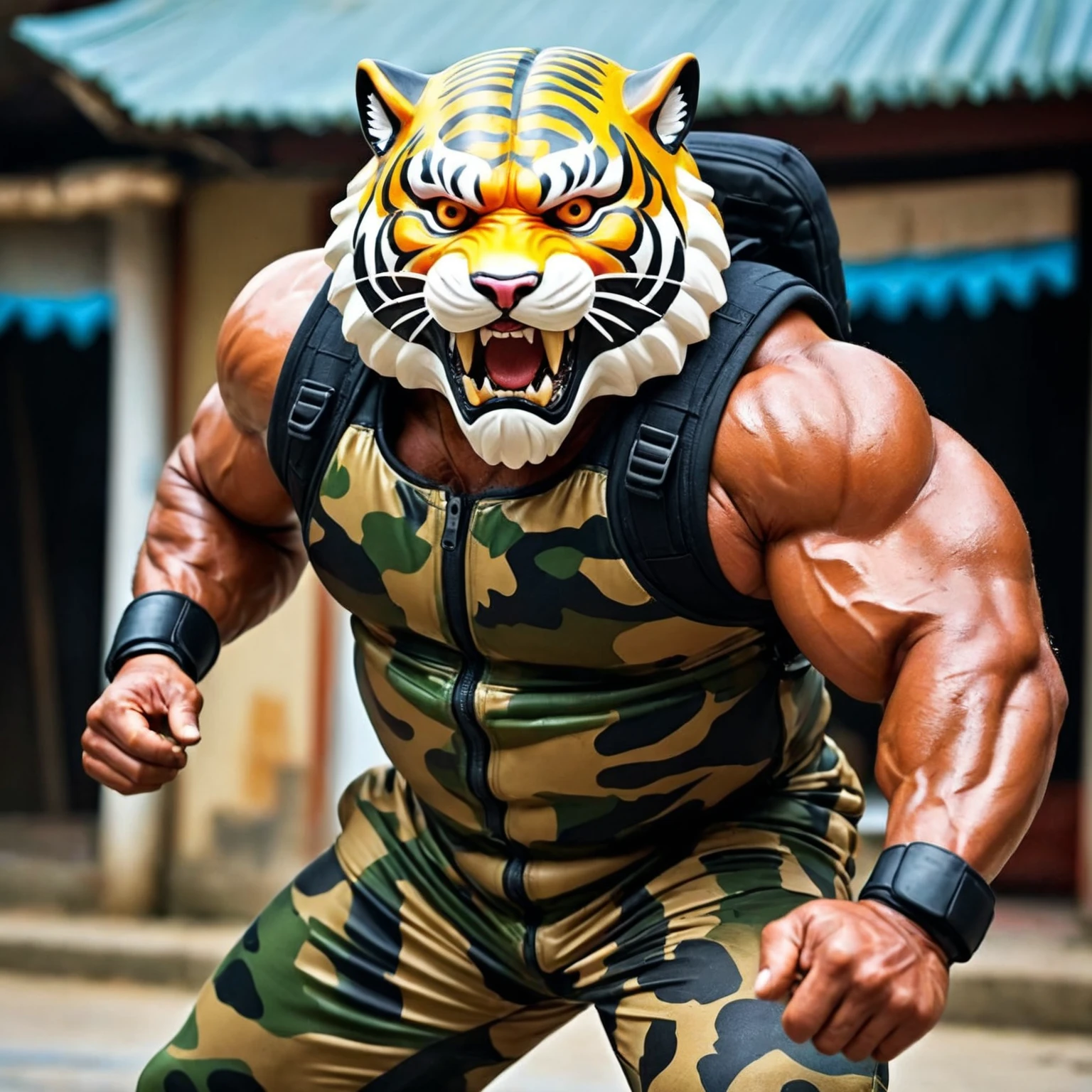 (a dark-skinned fat muscular old man in a bulky army camouflage zipper diver suit) doing raising fist pose and carrying a gun, (wearing realistic roaring siberian tiger mask), muscular, Bruce Onobrakpeya, sumatraism, stanley artgermm, action, heroic, fierce, snarling