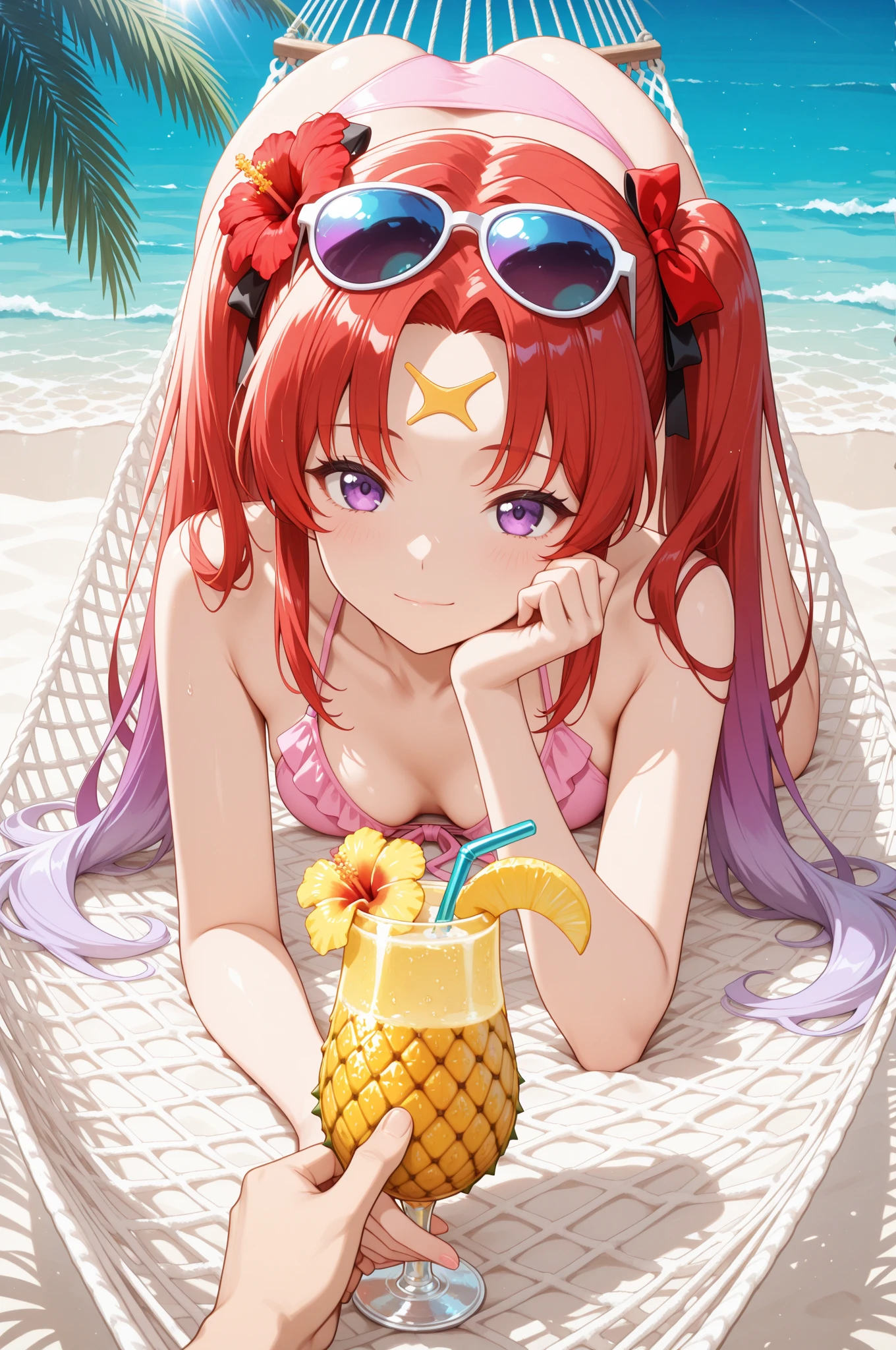 furry girl, cat, red hair, knight bangs hairstyle, long ponytail, anime style, medium breasts, blue eyes, ((yellow bikini, princess crown)), high quality, detailed body, detailed eyes, detailed face, masterpiece, glistening body, detailed body fur, best quality, two tone body, pink fur, clear pink fur, perfect lighting, perfect shadows, perfect eyes, perfect hair, perfect face, gorgeous body, pool, clear sky, solo, looking at you, (wink, one eye closed), :3, smilling, full body, feets with three toes, 3 toes, sit on donut float, on pool, wet body fur,
