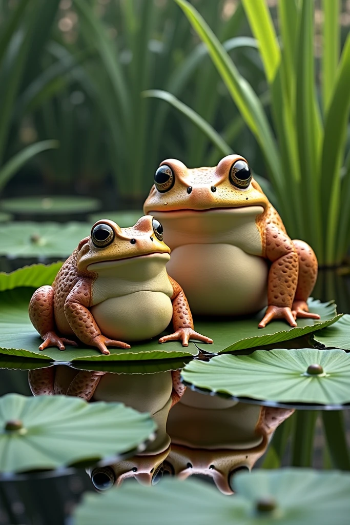 A beautiful, skinny little frog, with makeup and beautiful clothes, being watched by a huge fat toad, in a swamp with lots of scene details