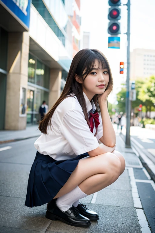 16-year-old girl、Move the center of gravity back、pretty embarrassing、witheout panties、Thin leg、tight skirts、90 degree knees、heels on the ground、Knelt、Walkway、Raw photography、8K、top-quality、 超A high resolution、Beautiful face in every detail、Realistic human skin、Gentle expression、front-facing view、angle from bellow、length hair、realisitic、Photorealsitic、cute little、a short skirt、Squatting deep in the city、cute school girl、((Japan schoolgirl uniform))、Surreal High School Girl、full body Esbian、
