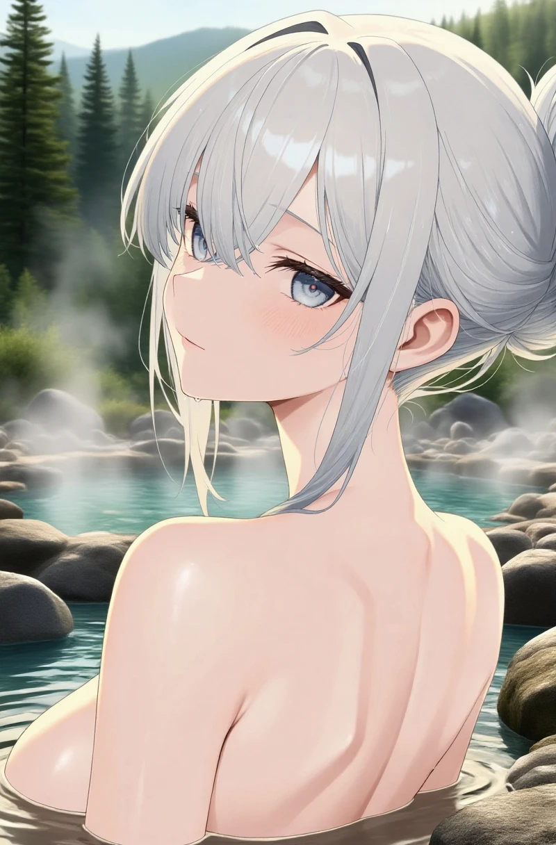 super high quality, girl, 20-year-old, とてもshort hair, long bangs between the eyes, very detailed,(masterpiece、highest quality)、alone、dark grey, silver hair, gray eyes, beautiful eyes,、short hair,blue sky , sunlight,fantasy landscape,smile、I can see your chest、、Bathe in the springs、naked