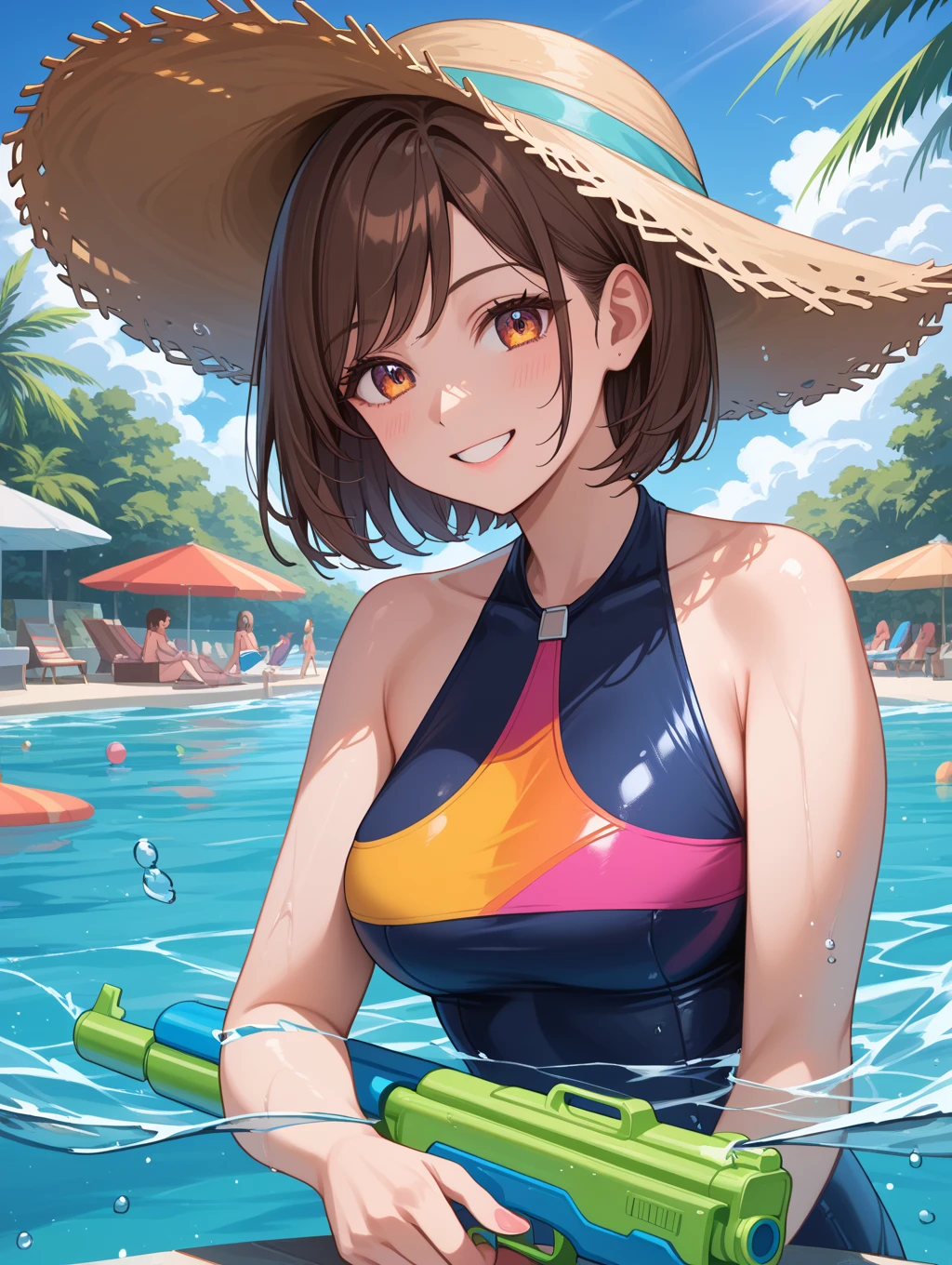 (Masterpiece), best quality, 3 girls playing in the water, 1 of them holds zongzi in her hand, wearing swimsuit, clouds, stones, woods, sunshine, clean blue sky, smiling, having fun