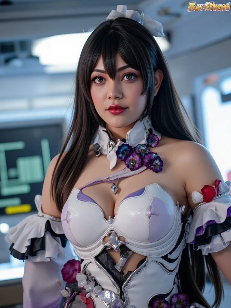 Top Quality, Masterpiece, Ultra High Resolution, (Photorealistic: 1.4), Raw Photo, 1 Girl, White Hair, Glossy Skin, 1 Mechanical Girl, (Ultra Realistic Details)), Portrait, Global Illumination, Shadows, Octane Rendering, 8K, Ultra Sharp, Big, Cleavage Exposed Raw Skin, Metal, Intricate Ornament Details, Cold Color, Egyptian details, very intricate details, realistic light, CGSoation trend, purple eyes, glowing eyes, facing the camera, neon details, mechanical limbs, blood vessels connected to tubes, mechanical vertebrae attached to the back, mechanical cervical attachment to the neck, sitting, wires and cables connecting to the head, evangelion, small LED lamp,