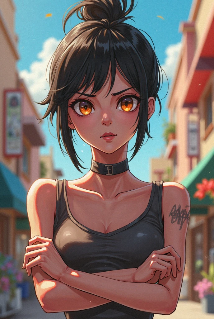 Anime tomboy girl, with tanned skin. Good figure, has a tattoo on his arm, about 17-1. Wear cross earrings. There is a short haircut like a boy. Half Thai and half Russian, Left eye is blue, right eye is green.
Cool.