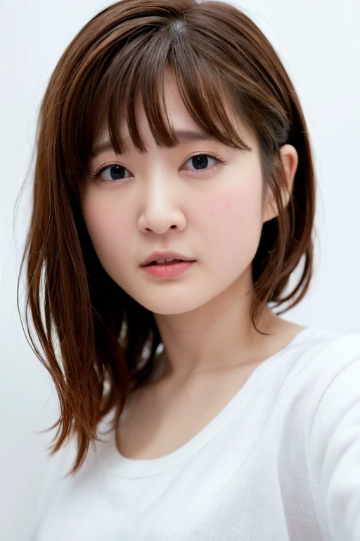 (8K、RAW Photos、Highest quality、masterpiece:1.2)、(Realistic、Photorealistic)、(wallpaper）、、One Girl、alone、23 years old、（Perfect Eyes）、Perfect hands、Perfect Proportions、Highly detailed face、Highly detailed skins、とてもwhiteい肌、( Cleavage)、(Selfie style)、background、white