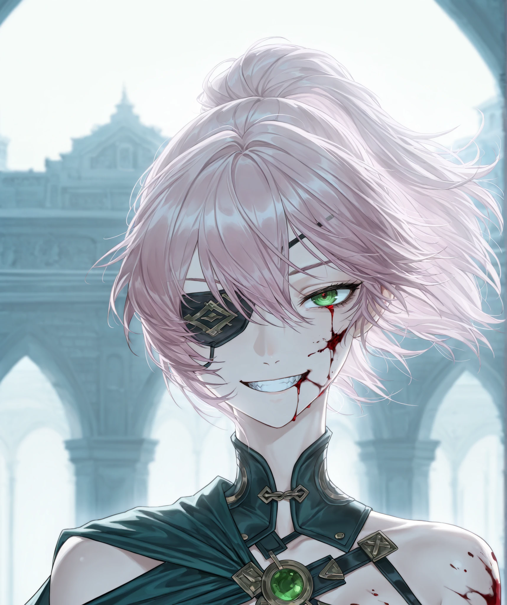 (face focus, portrait, close up shot:1.22), dynamic pose, three quarter shot, looking at viewer, mature, 1girl, solo, mature, masterpiece, best quality, amazing quality, very aesthetic, high resolution, ultra-detailed, dramatic lighting, absurdres, arrogant expression, head tilt up, jawline, scenery, LionLimbus, Wuthering Waves nobody, green eyes, pink hair, short hair, ponytail, scarred arms, celtic clothes, roman armour, high tech nanoweave, grin, eyepatch, bleeding eye, exposed shoulder, temple warrior, half cape, shoulder cape, gothic architecture