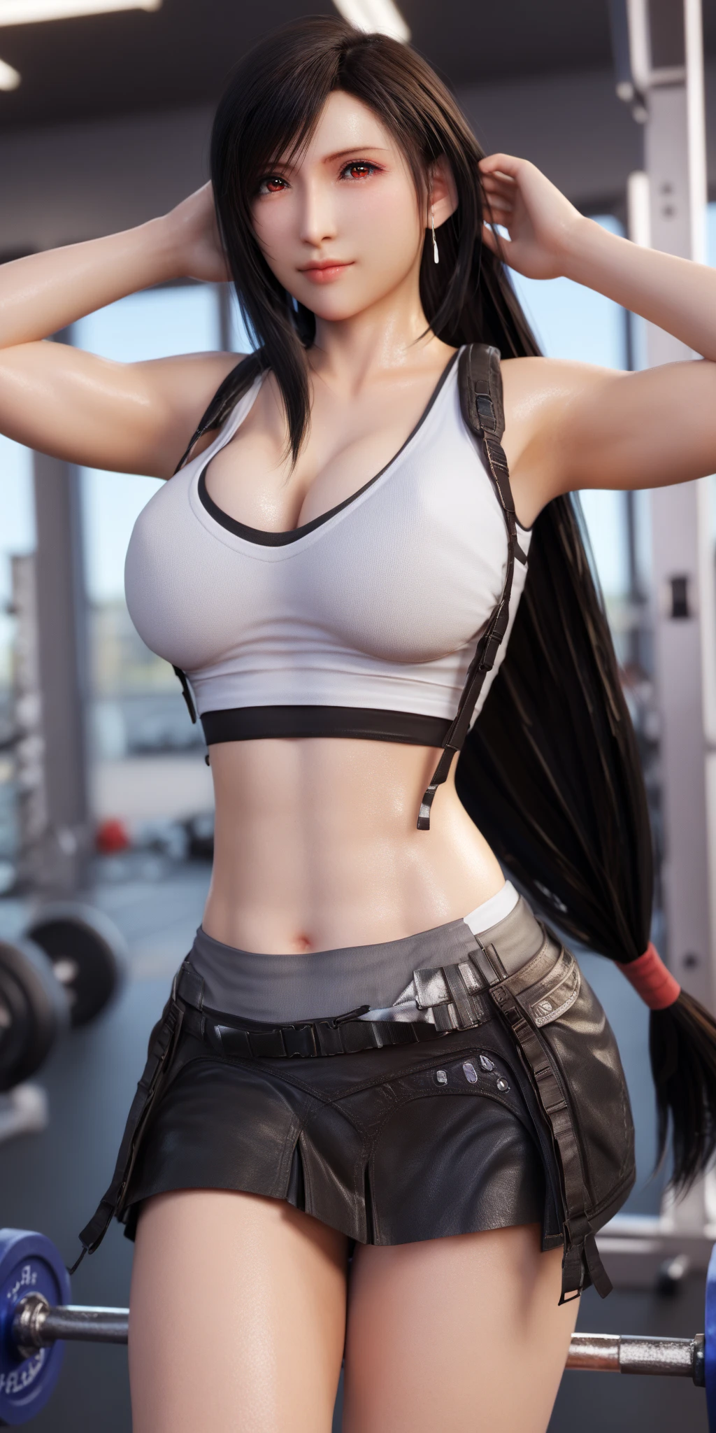 Unreal Engine 5 Realistic Render, (masterpiece, best quality), intricate details, (Best quality)), ((masterpiece)), ((realistic)), (hyperrealism:1.2), (fractal art:1.2),
1girl, 7rtifa, crop top, arm guards, fingerless gloves, suspenders, pleated miniskirt, black thighhighs, red boots
extreme detailed eyes, colorful, highest detailed,
vibrant colors, high contrast,
(8K UHD:1.2), (photorealistic:1.2), beautiful face, top body is hyper realistic thicc muscle and hyper largest_breasts!! with the type of boobs_melons, lower is huge buttocks, wet shiny body