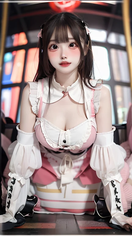(Emo art:1.6), masterpiece, 32K, bokeh, high school girls, (Multiple girls:1.6), (Group photo:1.5), beautiful face, (pink+white soft hair:1.6) , (korean pop dancer idol:1.6), Blushed face, (Pink maid costume :1.4), looking at the viewer, closeup,(Pink background :1.4), (Pink rose millor room:1.6),Shoulders exposed skin,The belly button and the surrounding area are exposed,Are thin,Flat Chest,Small ,Beautiful nipples,