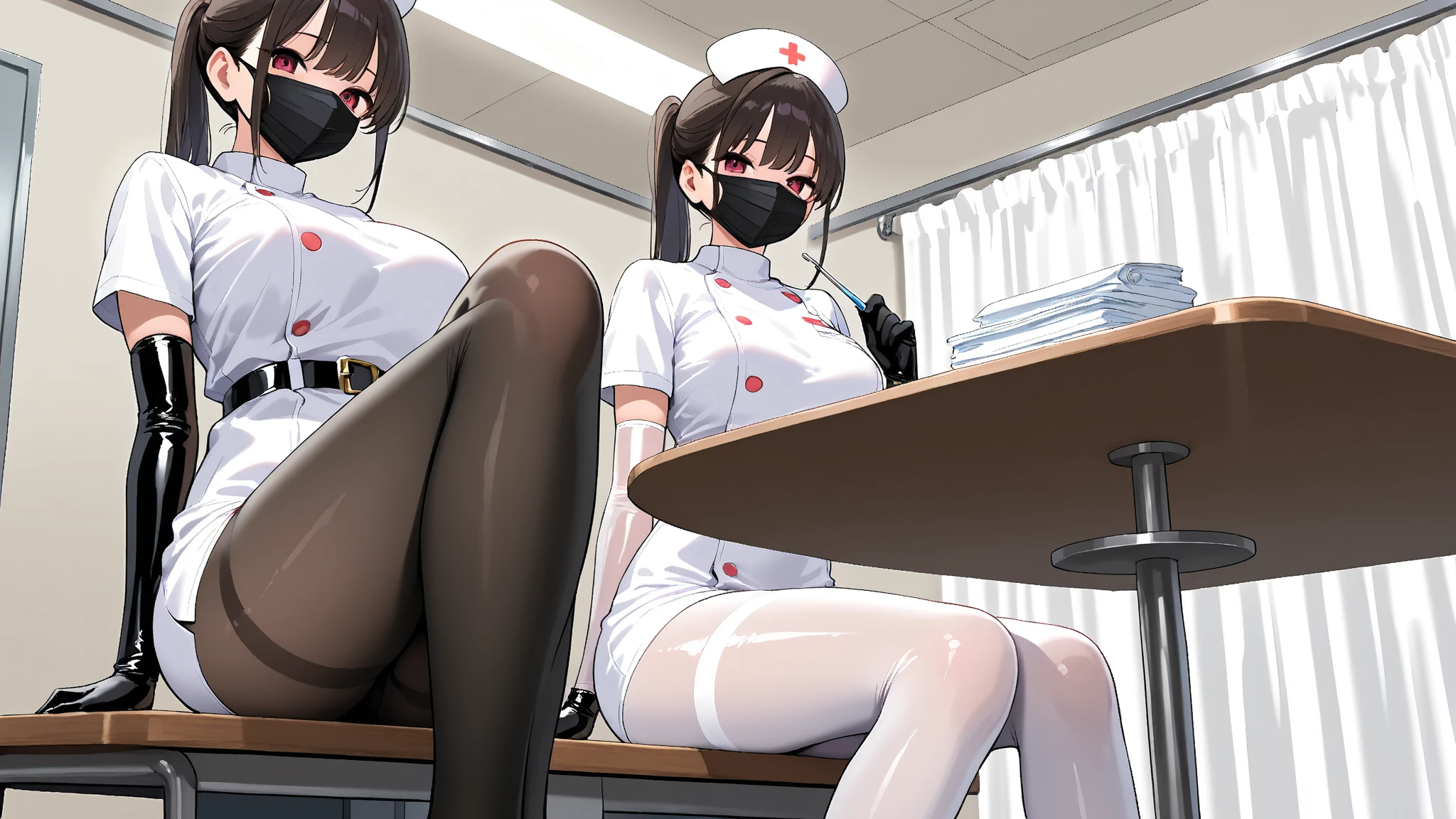 ,nurse uniform,hospital, latex nurse suit,nurses,busty,elbow gloves,labcoat,blackhair woman,grey eyes , gigantic ,medical instruments,asian nurse,two nurses,speculum,examination room,oversize , ,big ass ,strap on, lay on table ,legs spreaded,giving birth,gyno chair , dentist,Milf,latex,black uniform