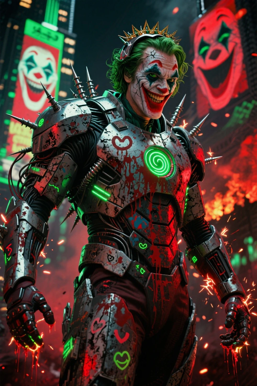 A futuristic gladiator clown with high-tech makeup, green holographic smoke rising from his face, and futuristic armor. The background is a dark, high-tech arena.