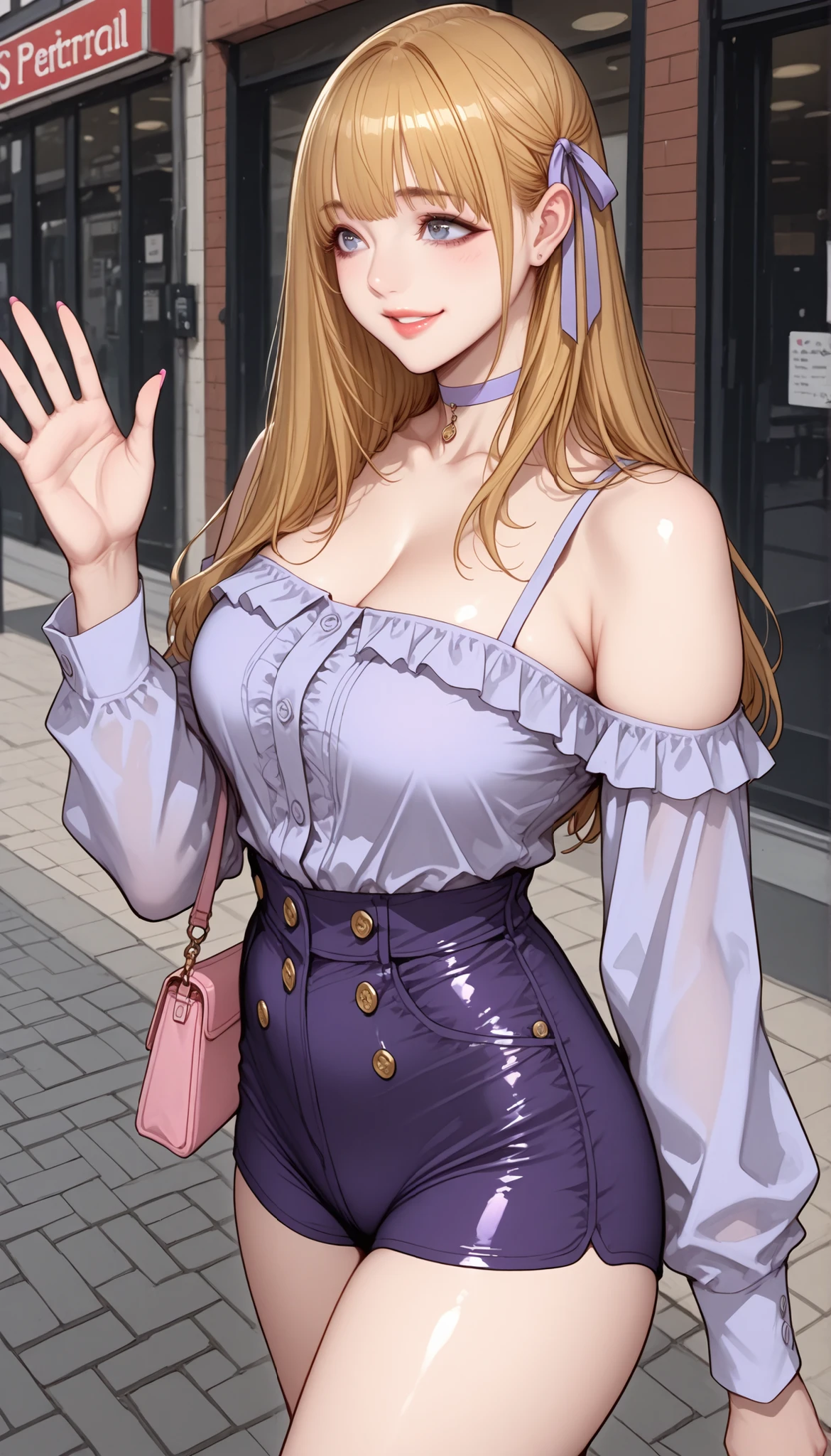 (PONY XL) Liya - FITNESS [ MANHWA], gorgeous pretty adult woman with orange-blonde long hair, forehead hair bangs, big blue eyes, fair natural skin, pink nails, small yet slightly plump breasts, small waist, plump light-red lips, and a perfect slender body. She's wearing a mid-riff waist revealing short off-shoulder tube purple top with attached long tight palm-length sleeves and round neckline with buttons, a choker, one hair ribbon on the side, and a separate high-waisted revealing booty jean shorts. She's walking, smiling, waving with one hand, carrying one strappy purse over one shoulder, and is on a street. Show from her head to knee, SOLO, and super hyper-detailed.
