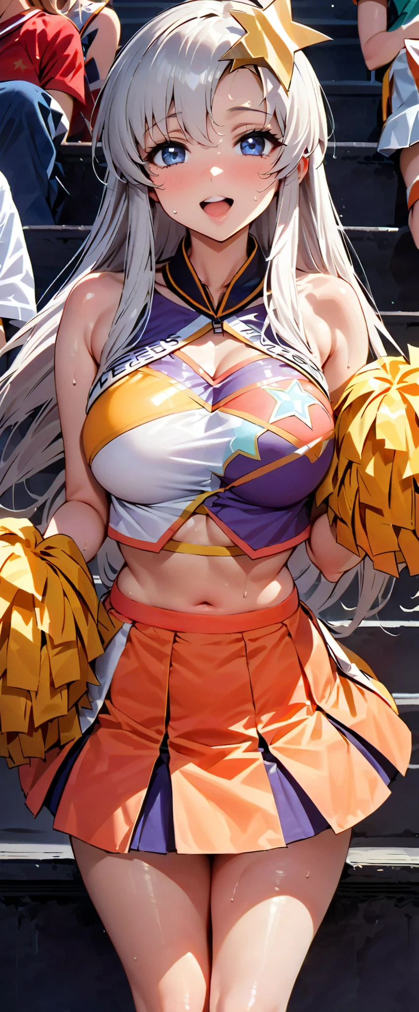anime artwork, score_9, score_8_up, score_7_up, score_6_up, score_5_up, score_4_up, Mount Lady, blonde hair, purple eyes, big breasts, she is 24 years old, style_3, ,,,  , , ,black background , _, standing, cheerleader, skirt. underboob